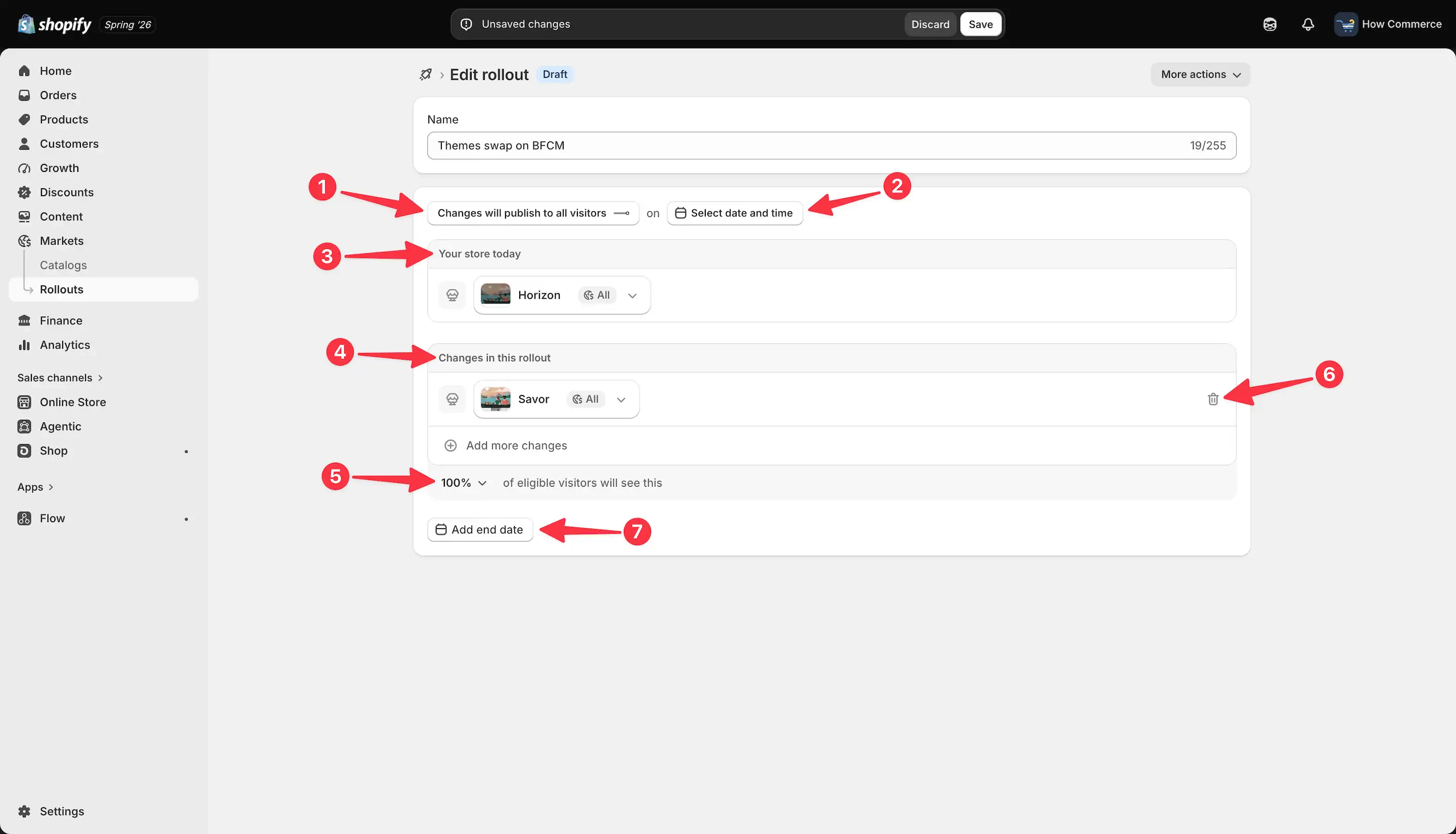 Rollout configuration page showing visitor segment selection, date scheduling, and rollout change details with Horizon current and Savor replacement theme