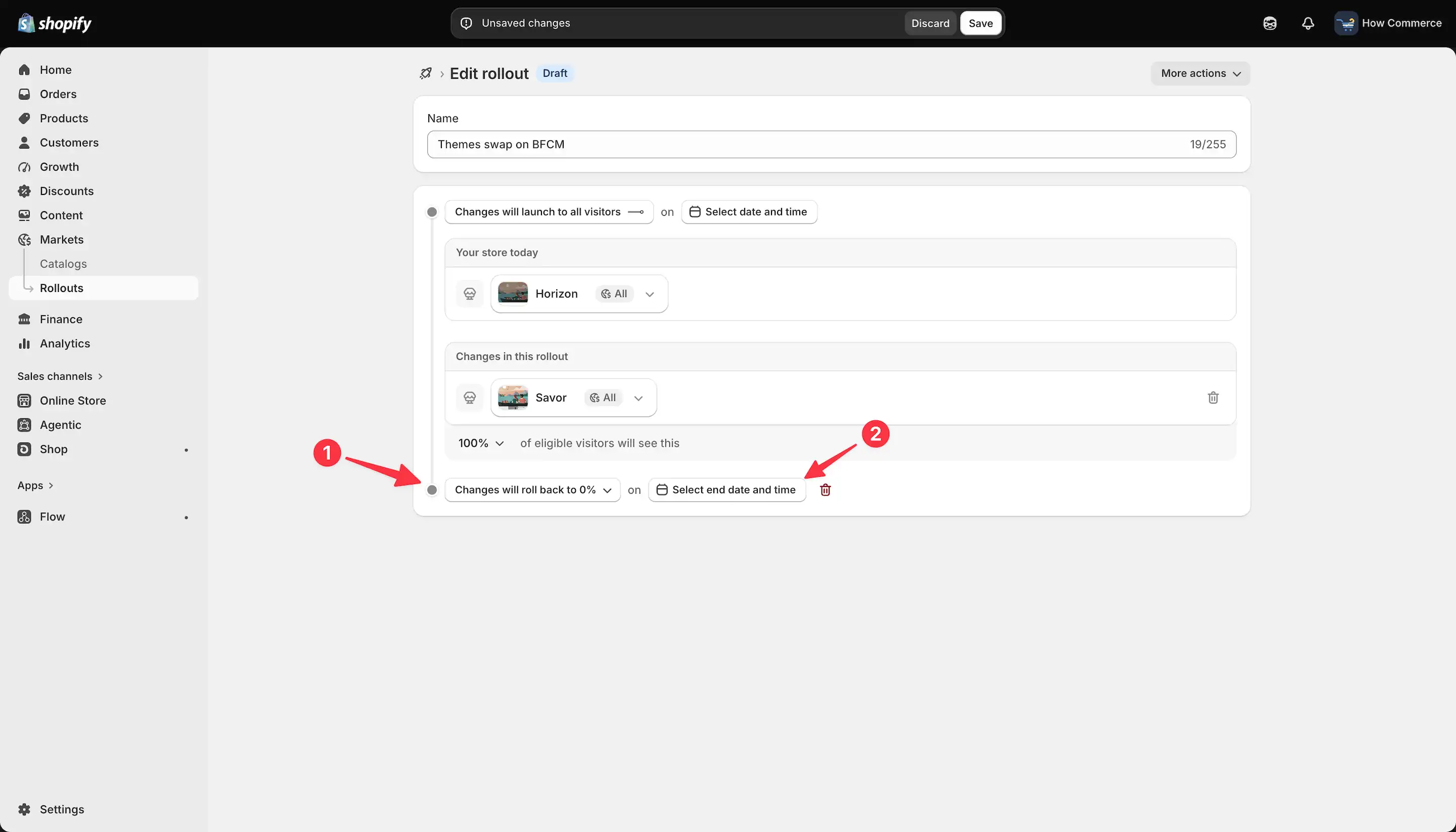 Rollout end date and rollback configuration showing Changes will roll back to 0% option and end date/time selection