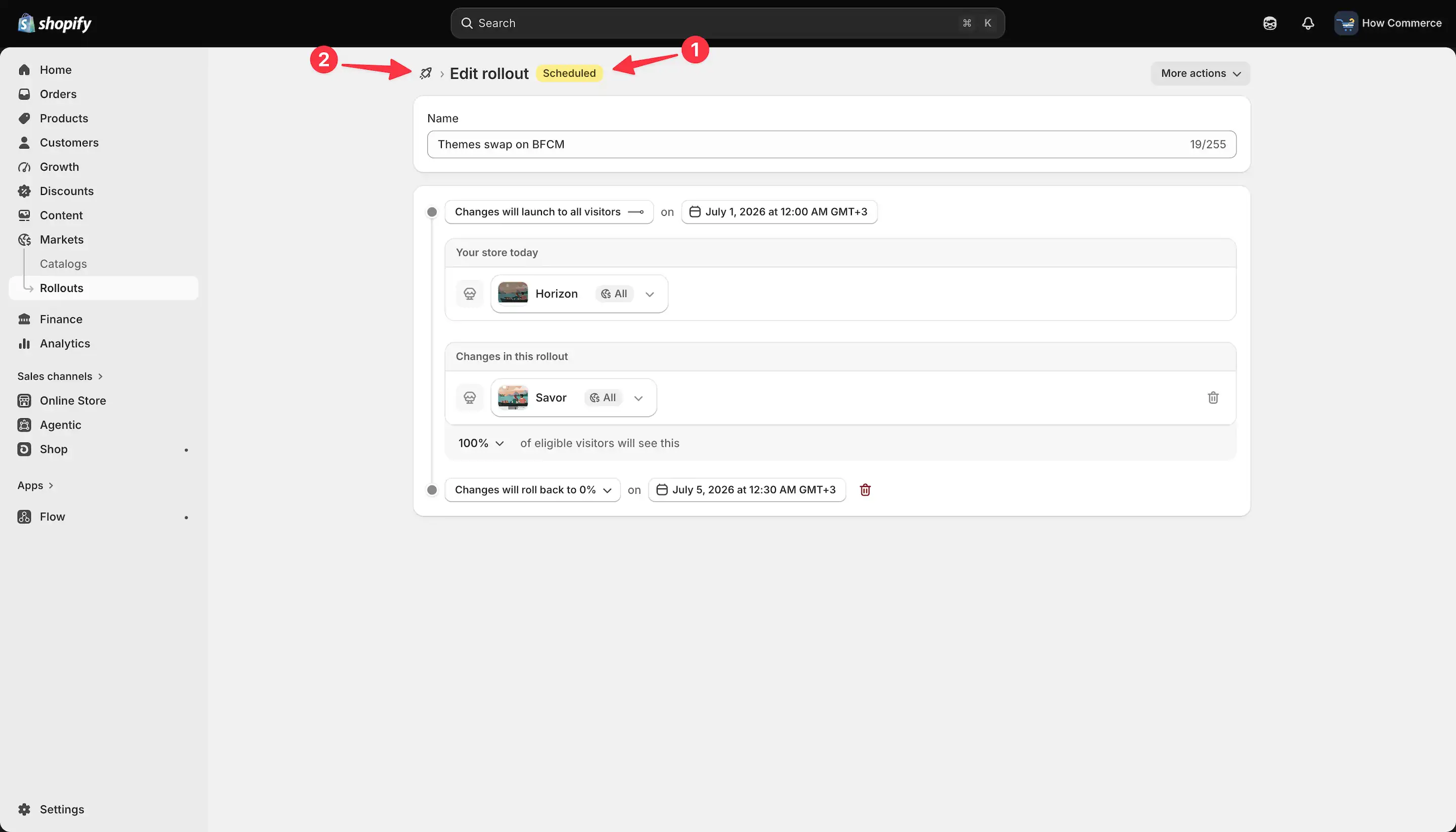 Rollout editing page showing Scheduled status badge and navigation icon to return to rollouts list