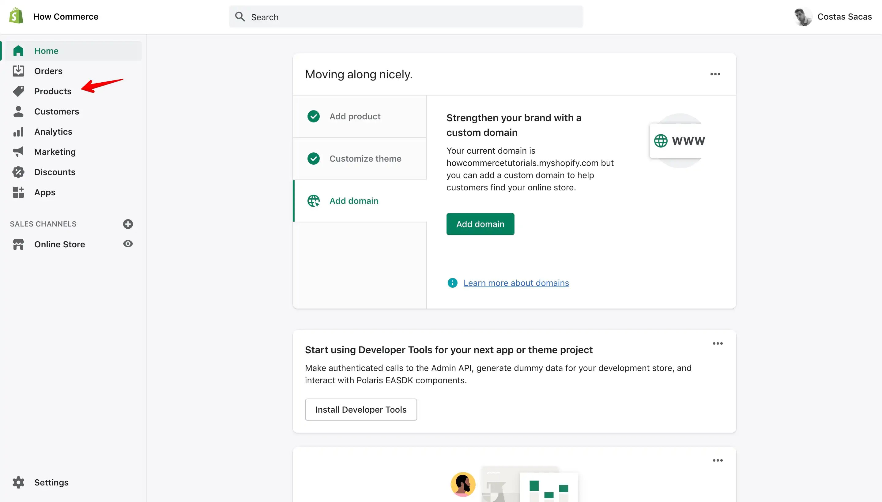 Shopify dashboard home page