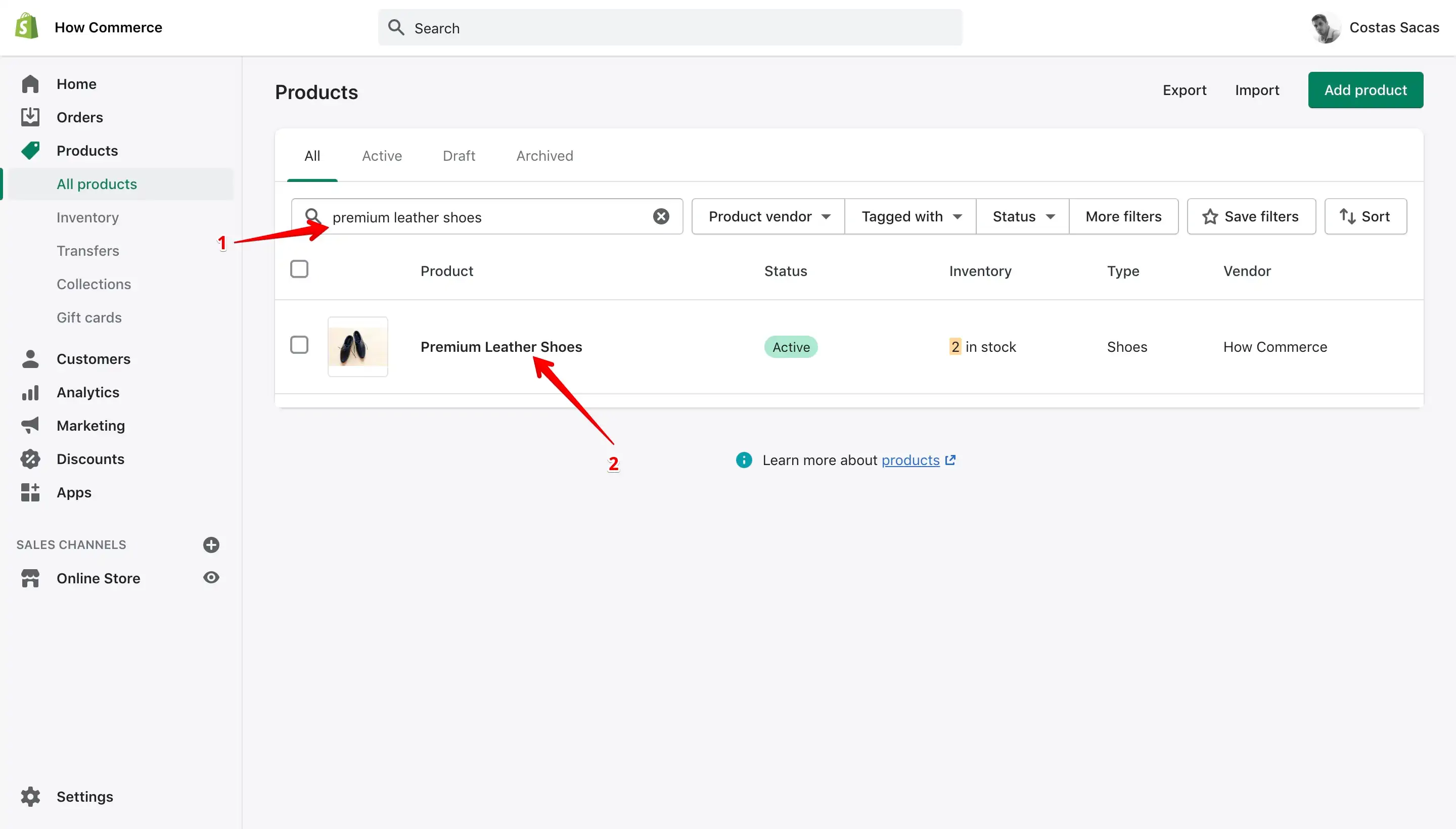 Shopify product search with search box highlighted