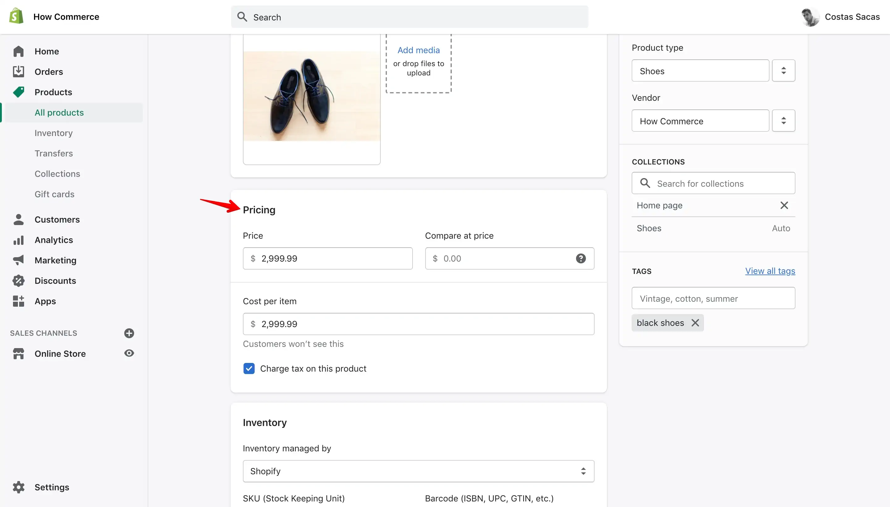 Product pricing section in Shopify admin
