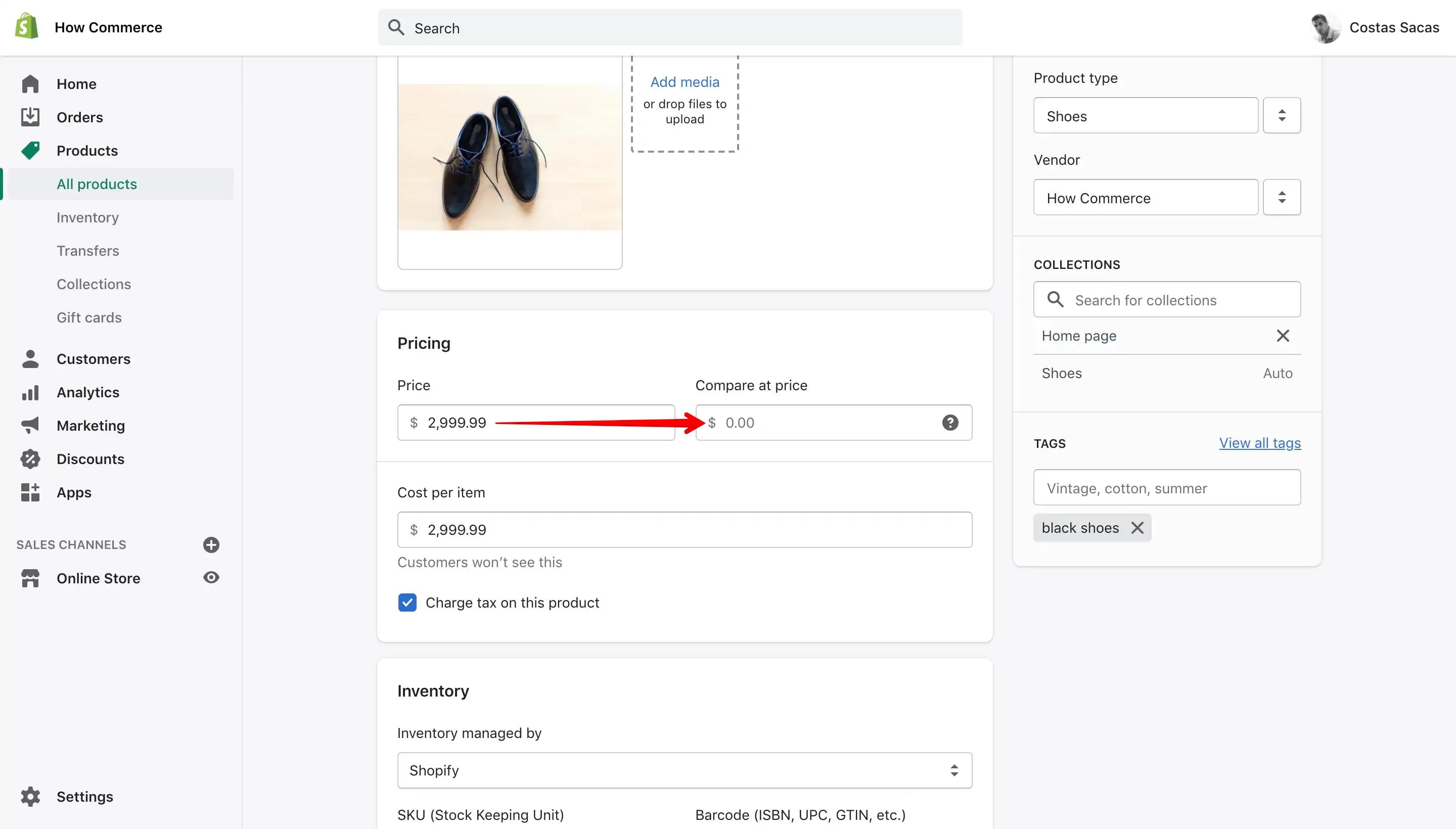 Moving price to Compare at price input box