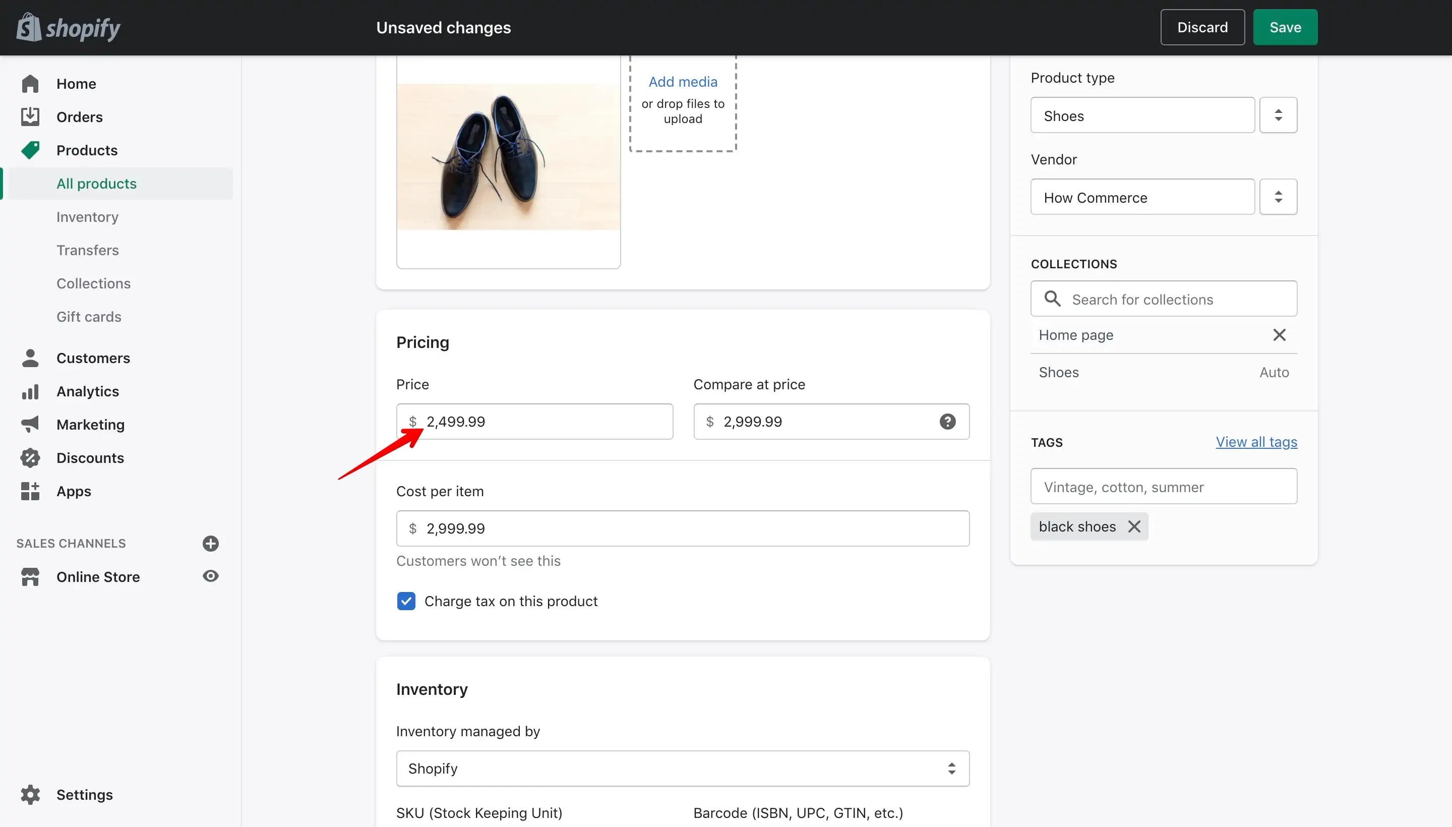 Discounted sale price entered in the Price input box