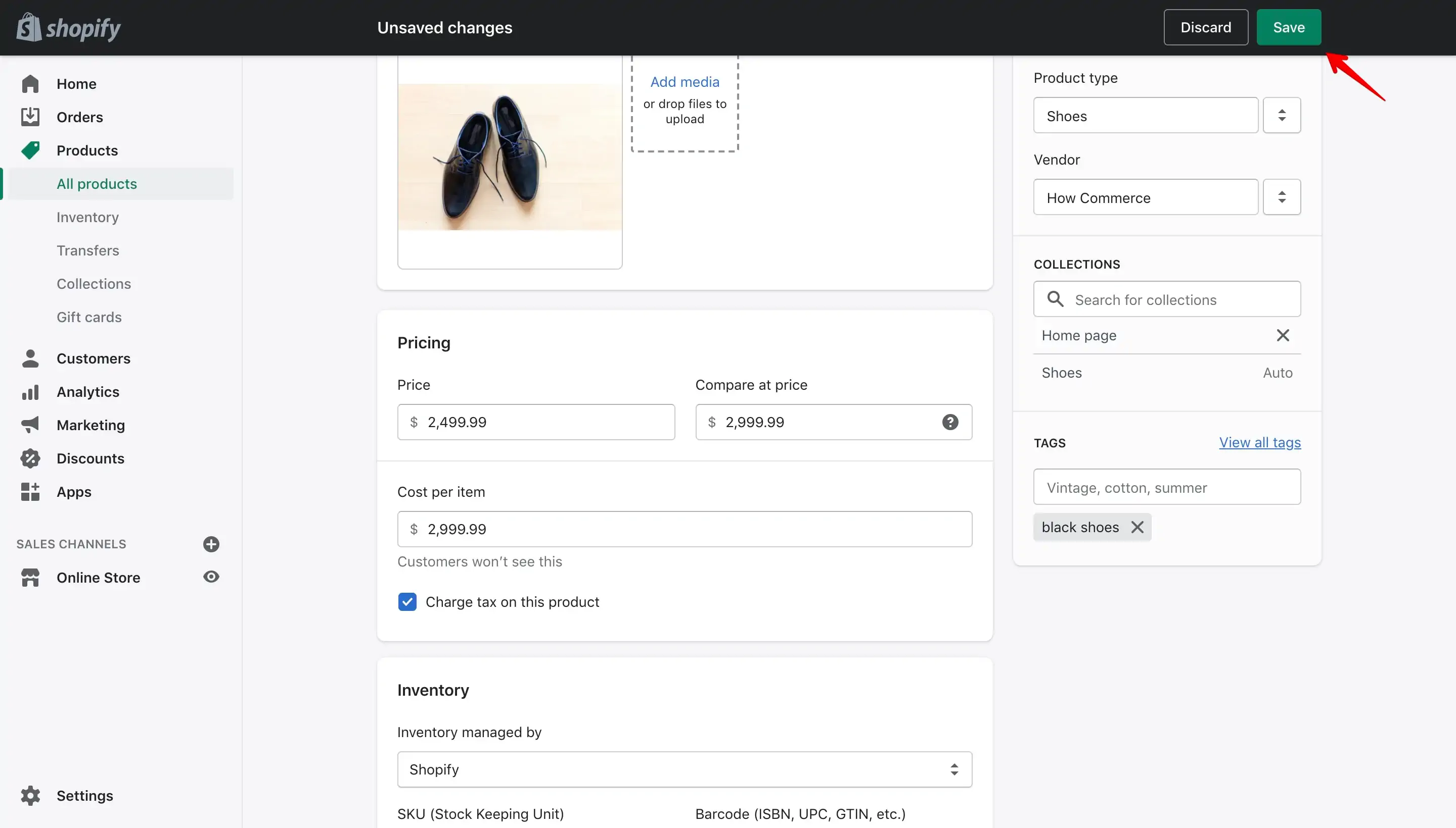 Product Save button in Shopify admin