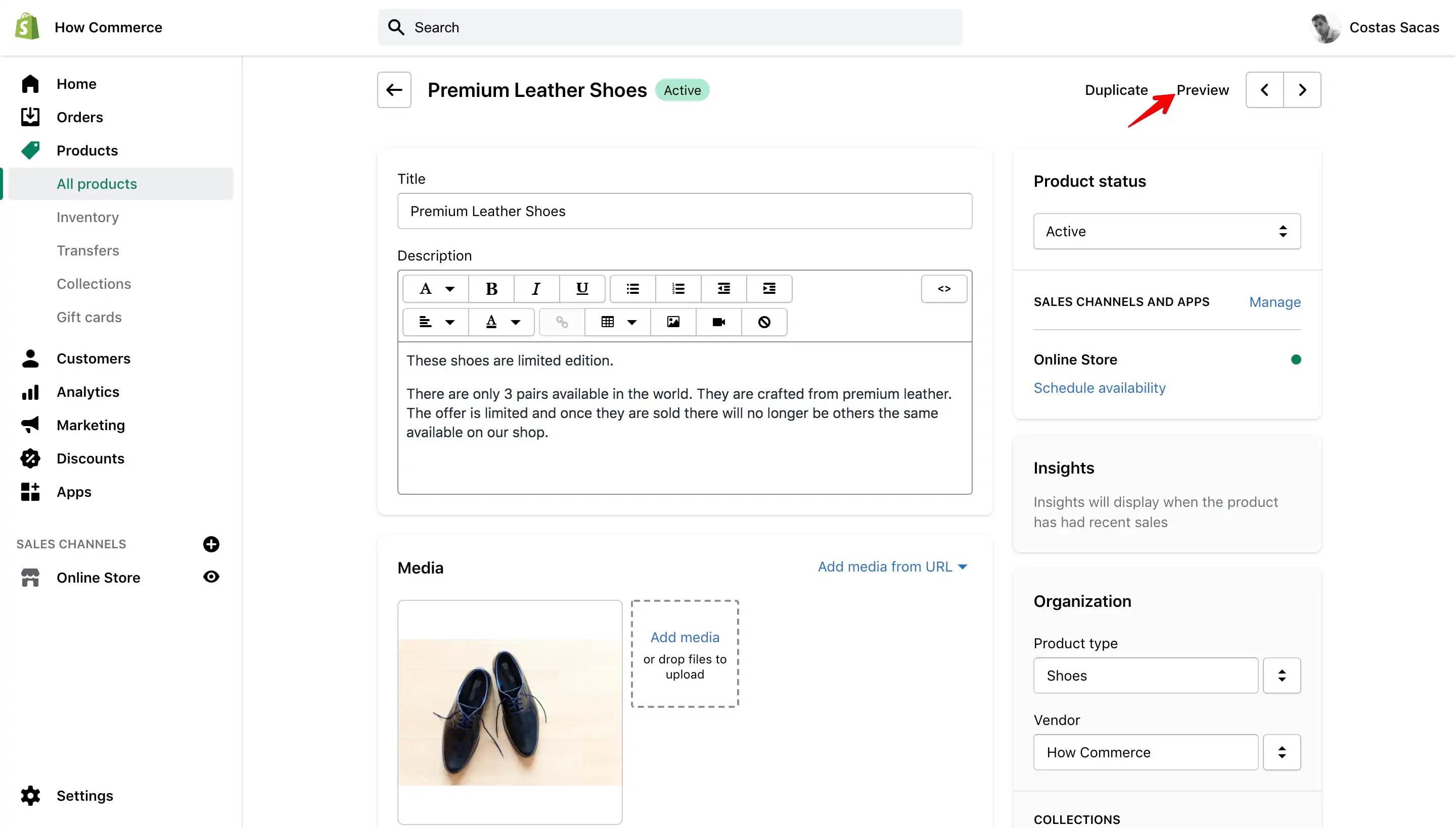 Product Preview link in Shopify admin