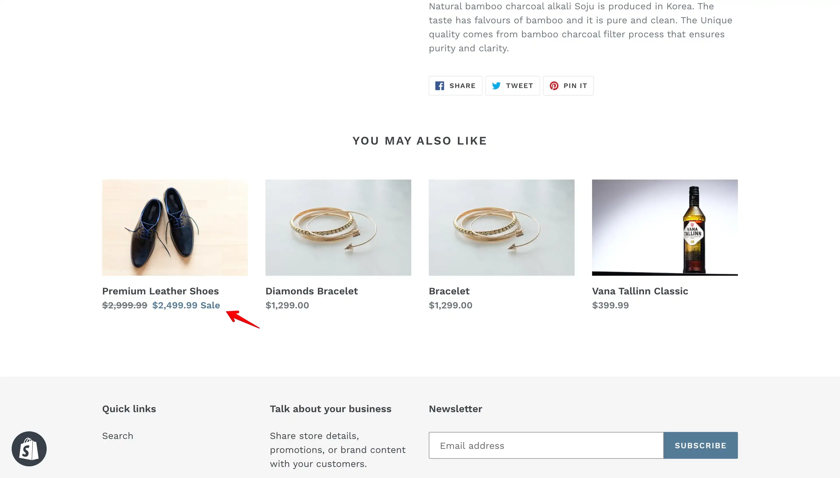Product's new sale price listed on the You may also like Shopify Debut theme section