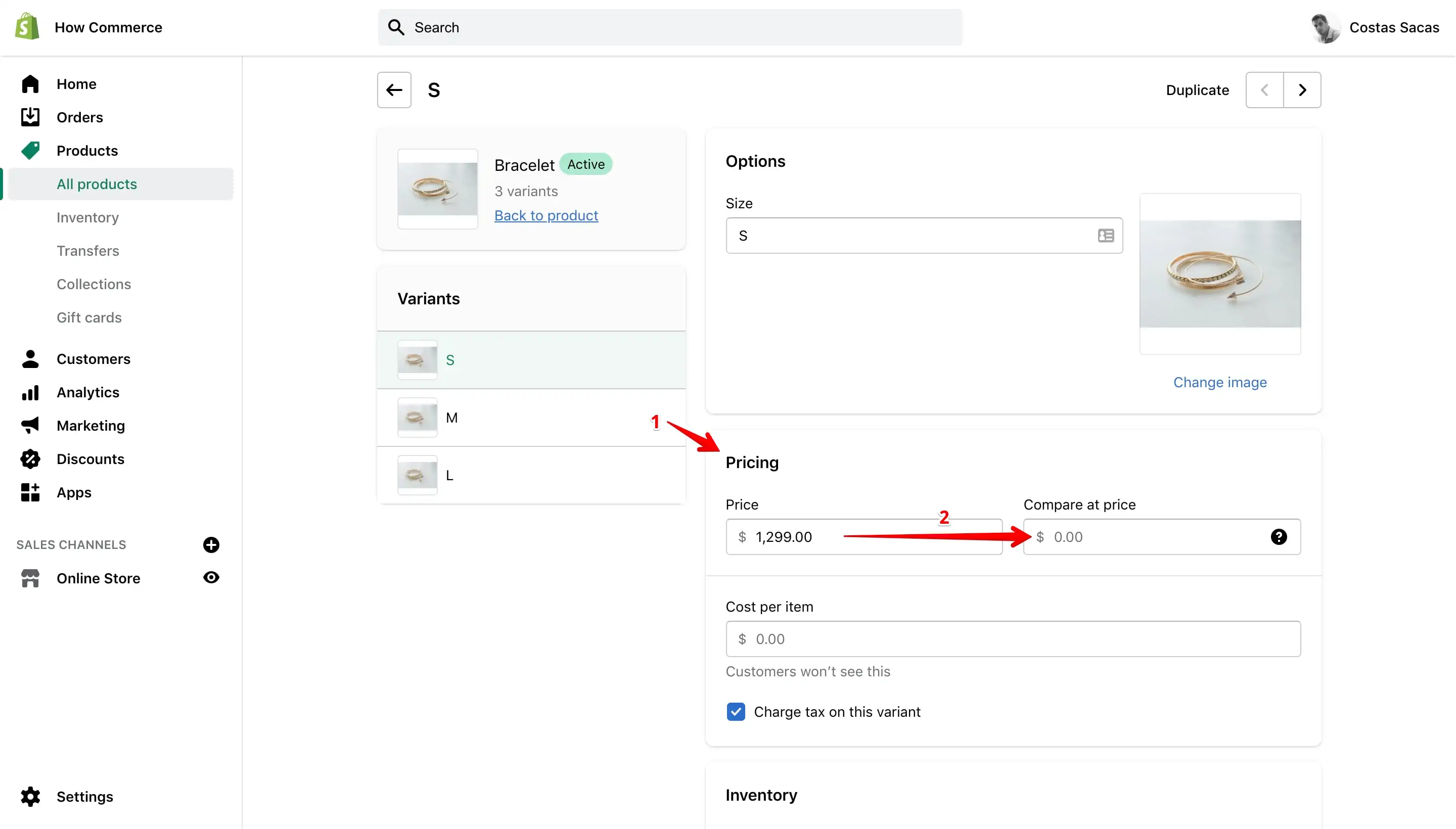 Product variant pricing section