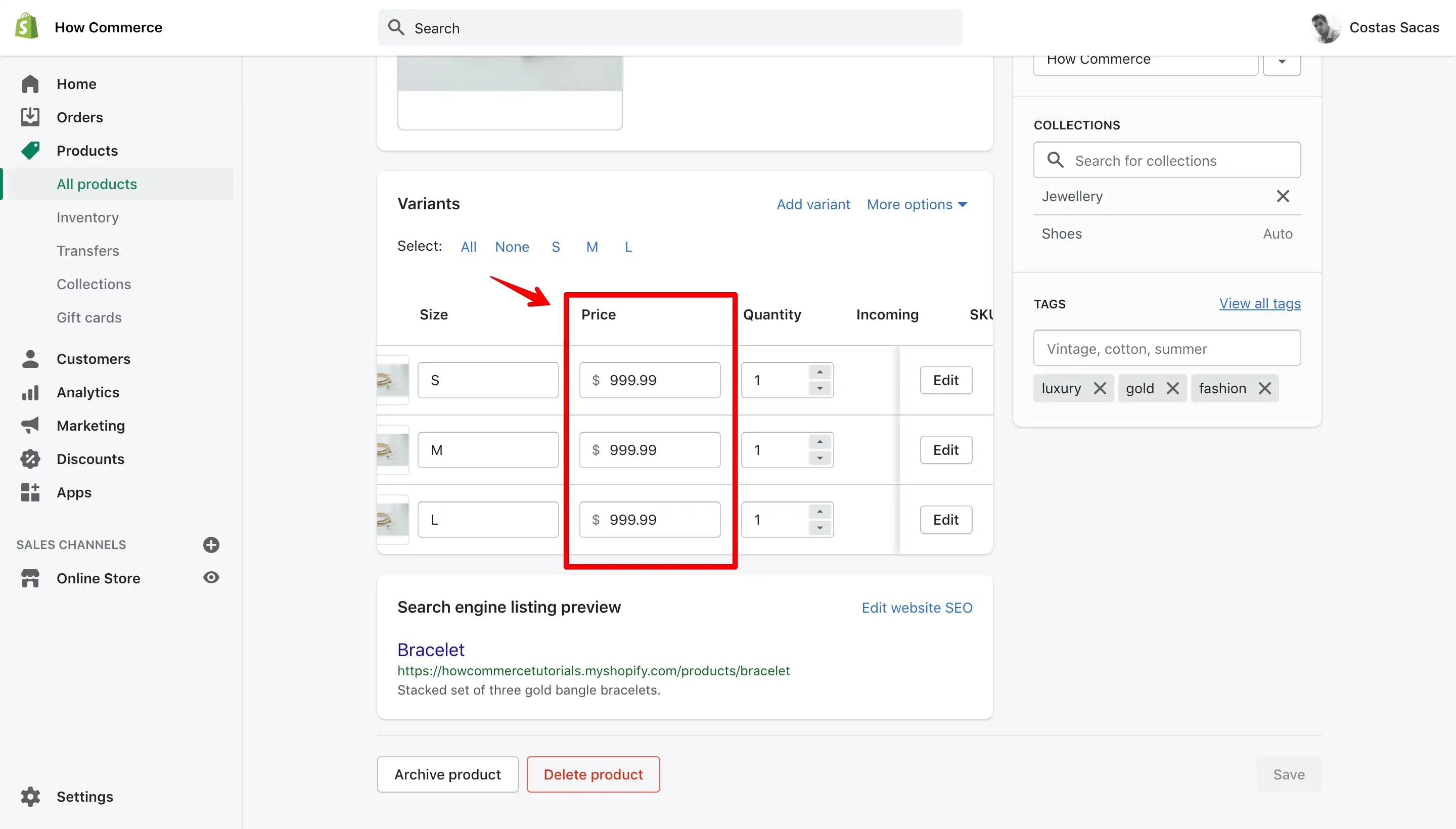 Variants with same sale prices in Shopify admin dashboard