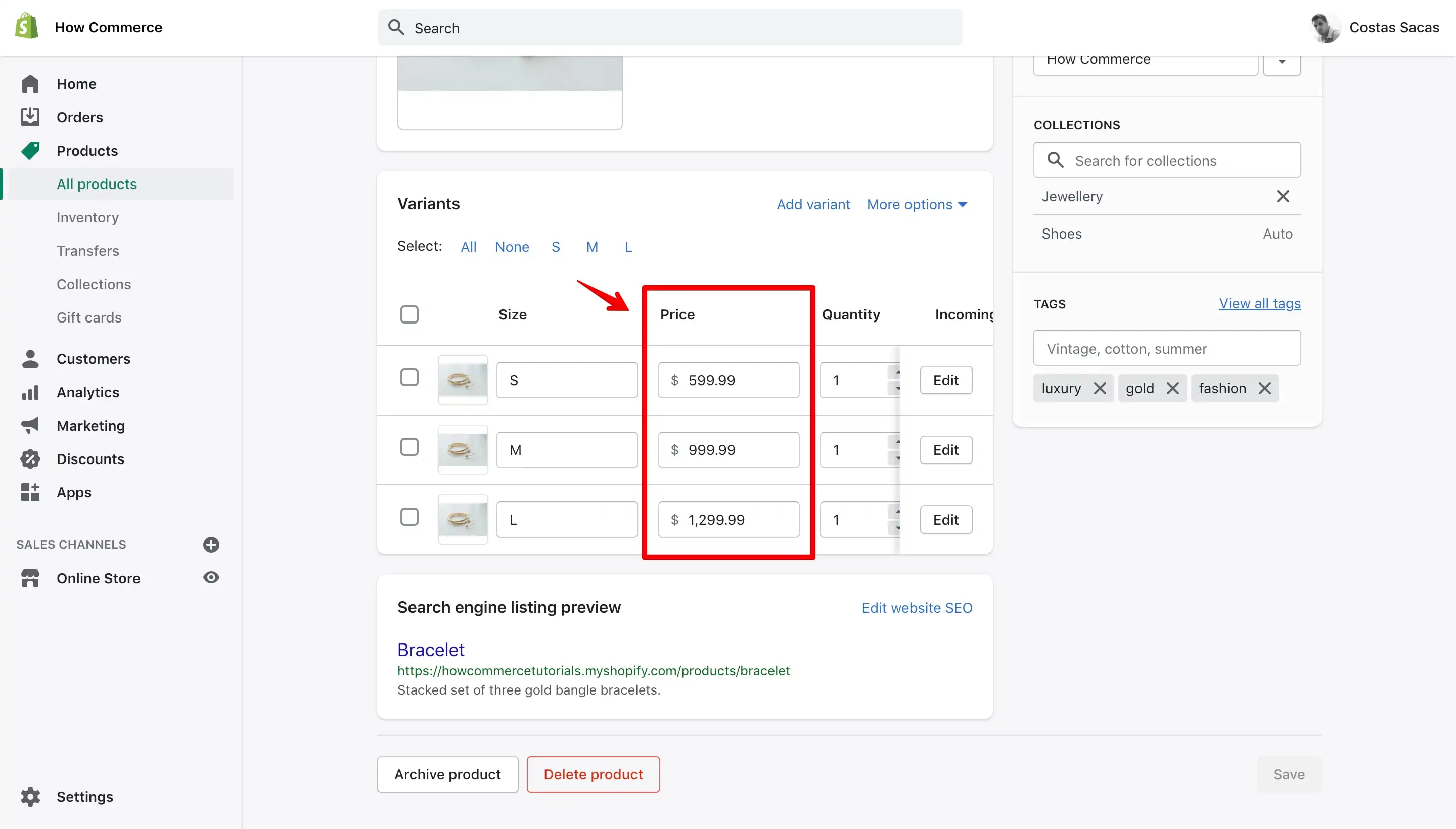 Variants with different sale prices in Shopify admin dashboard