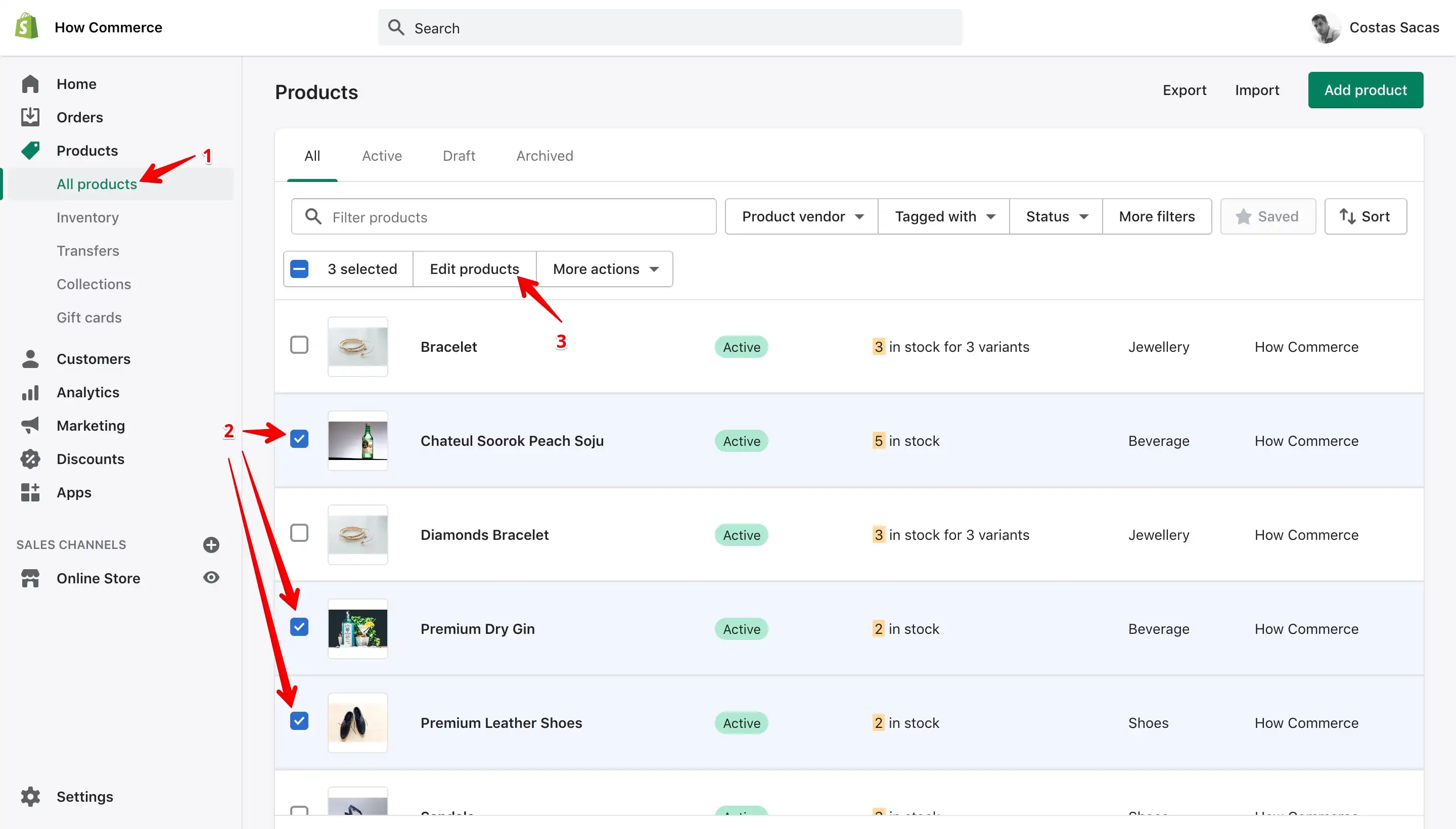 Products page with selection of products without variants