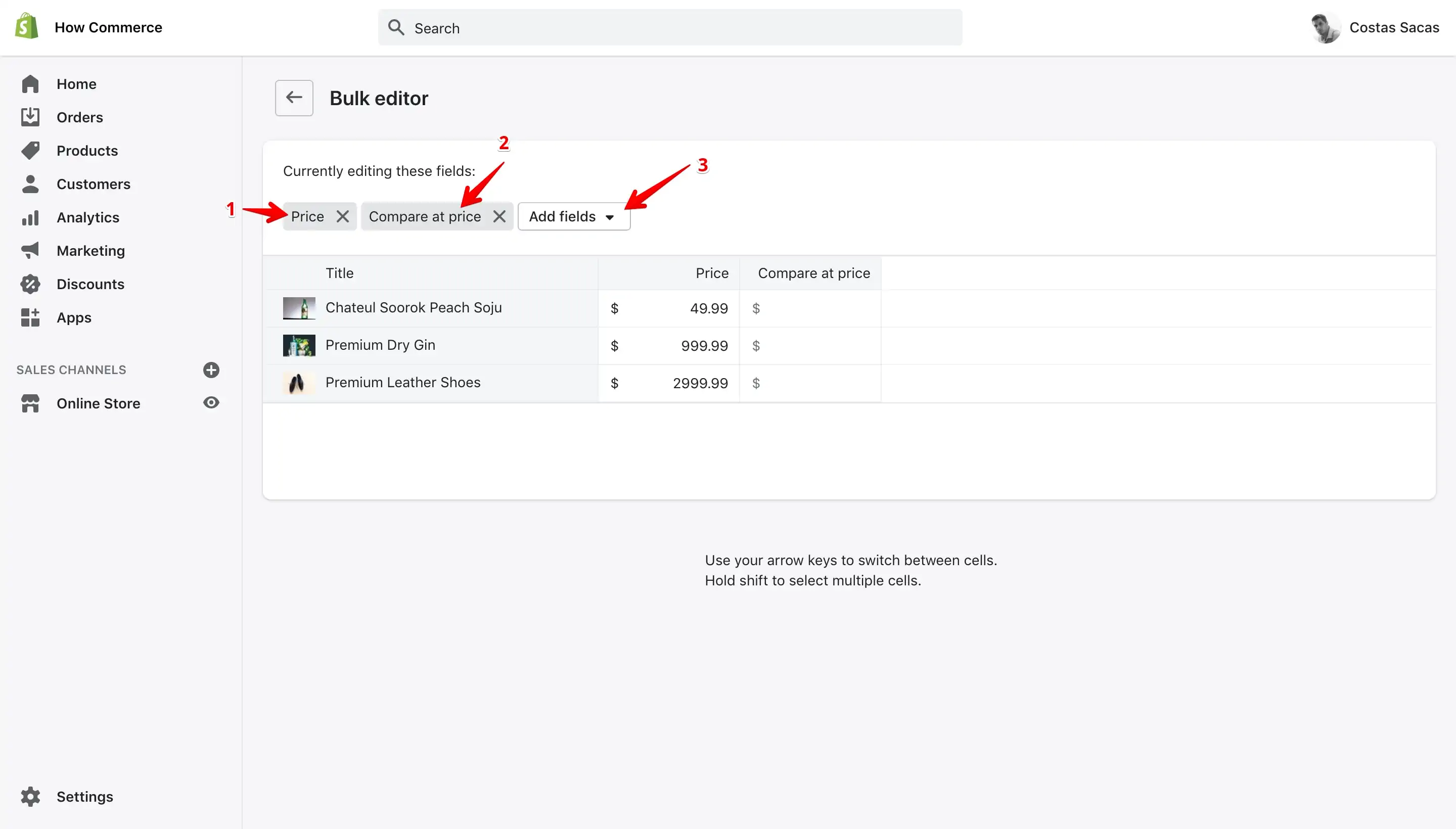 Shopify Bulk editor with Price and Compare at price fields selected