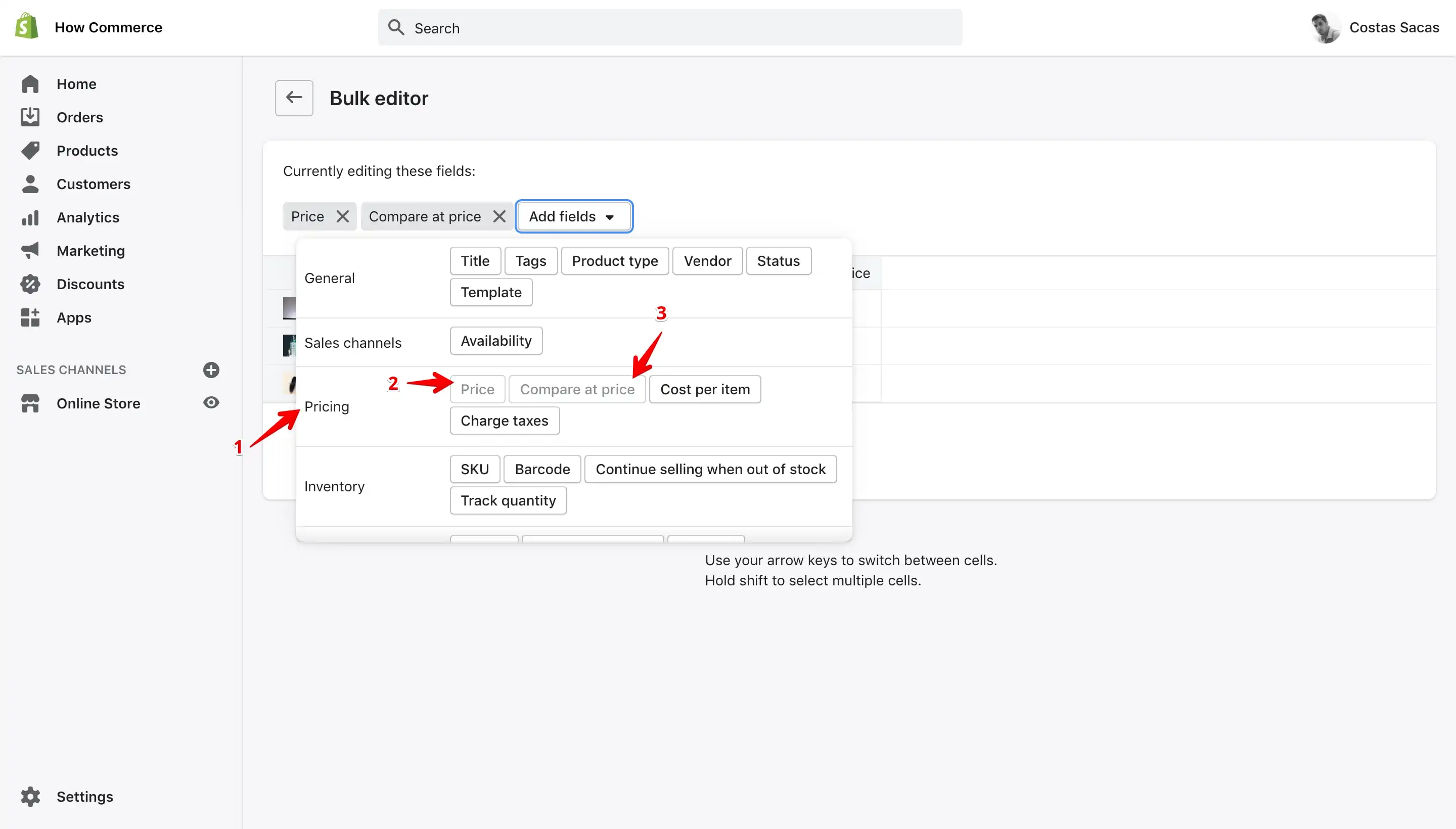 Shopify Bulk editor add fields drop-down with Price and Compare at price fields