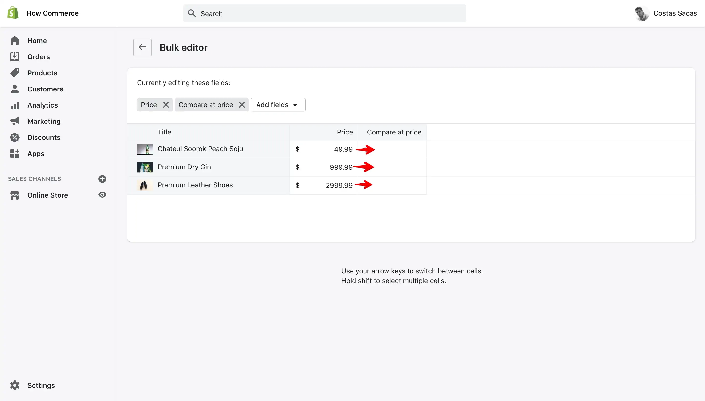 Moving day to day price to Compare at price in Shopify Bulk editor