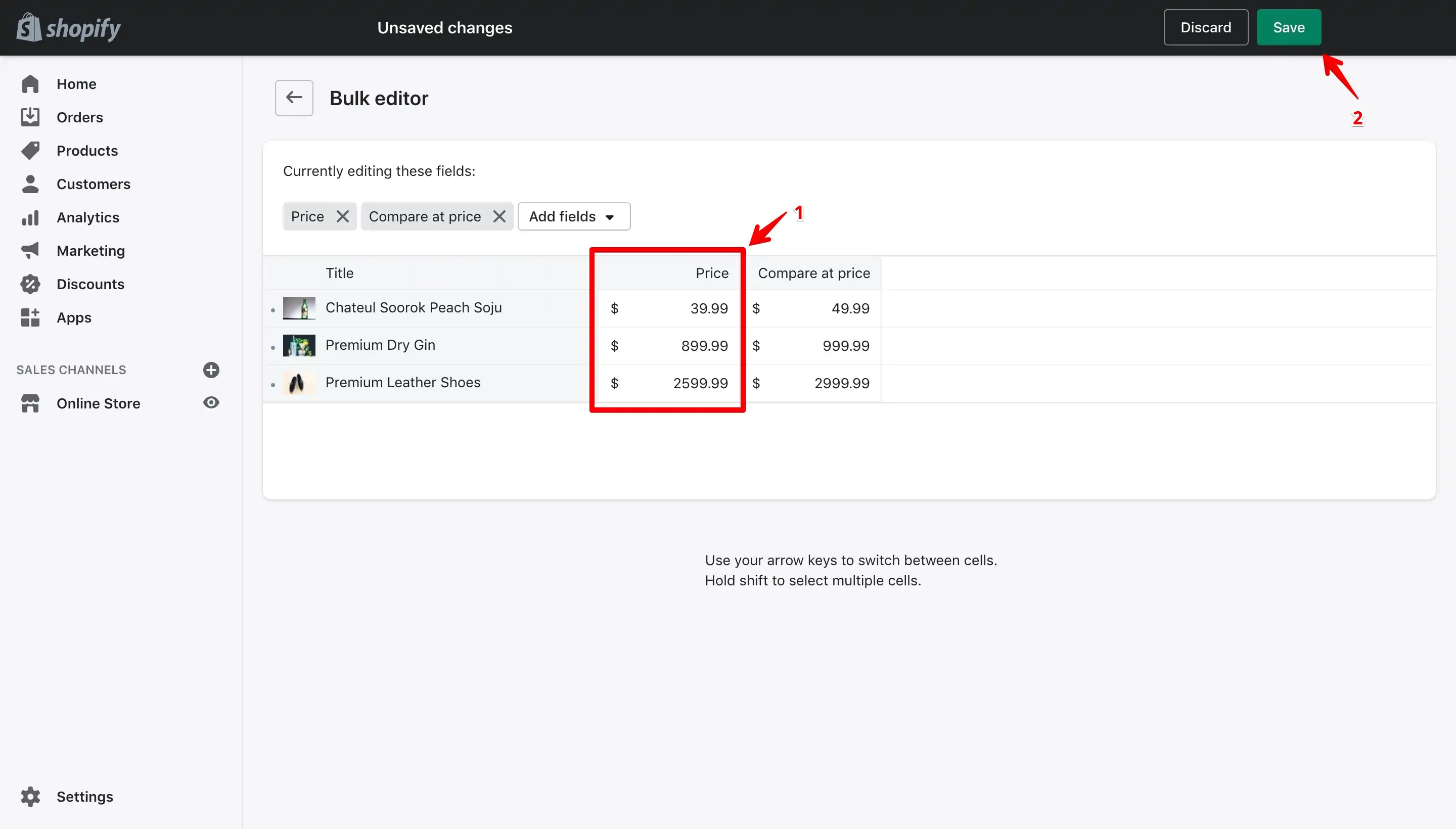 New sale prices added in the Shopify Bulk editor