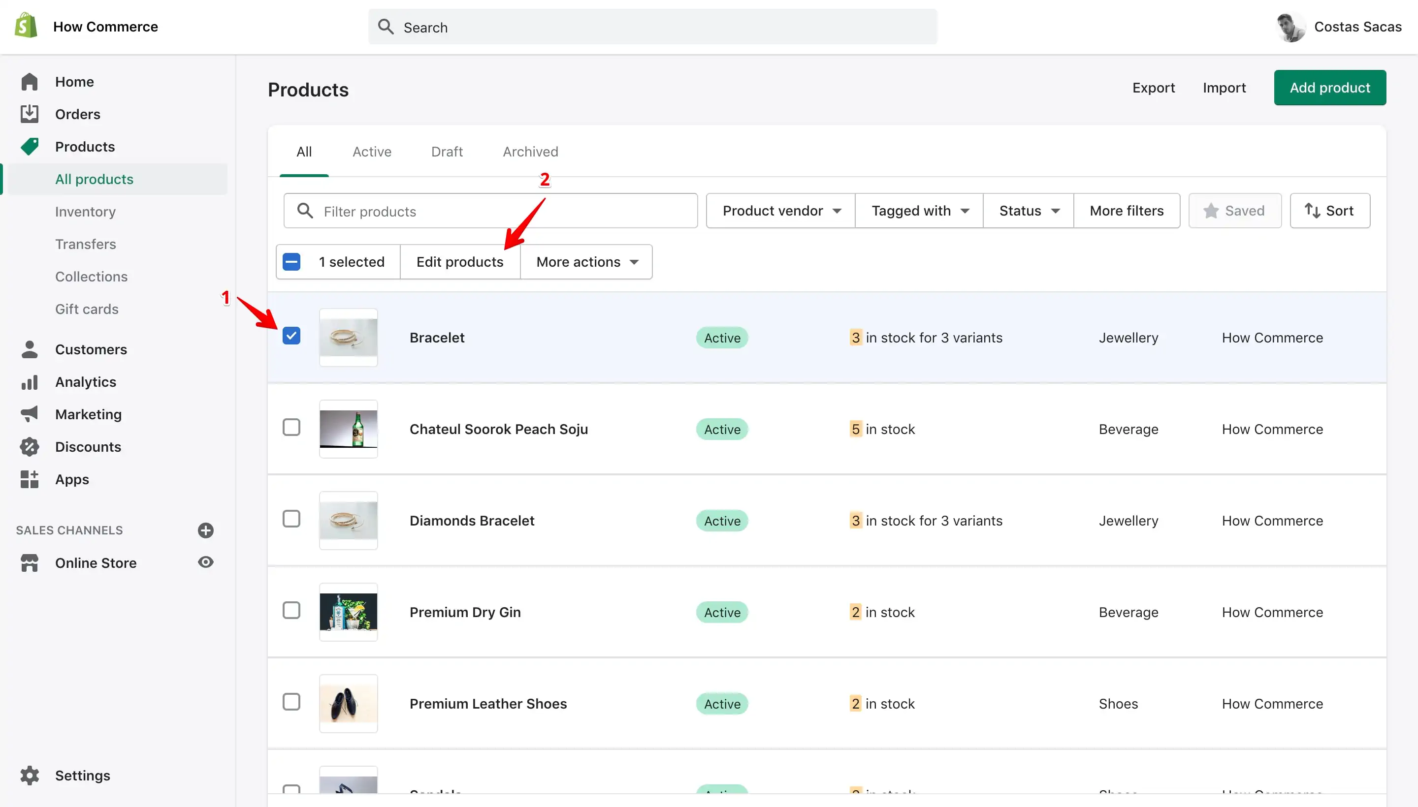 Product selection with multiple variants in Shopify admin dashboard