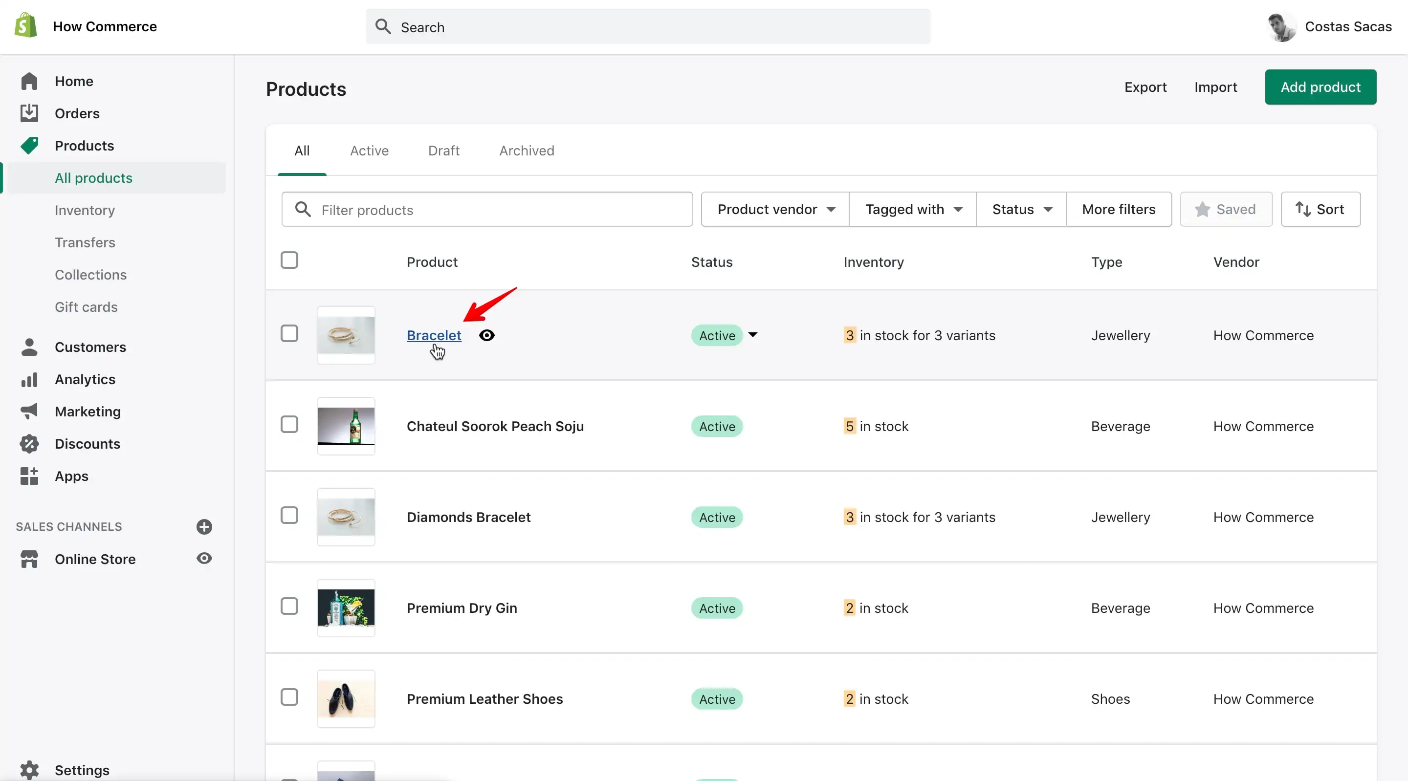 Alternative product selection method in Shopify admin dashboard