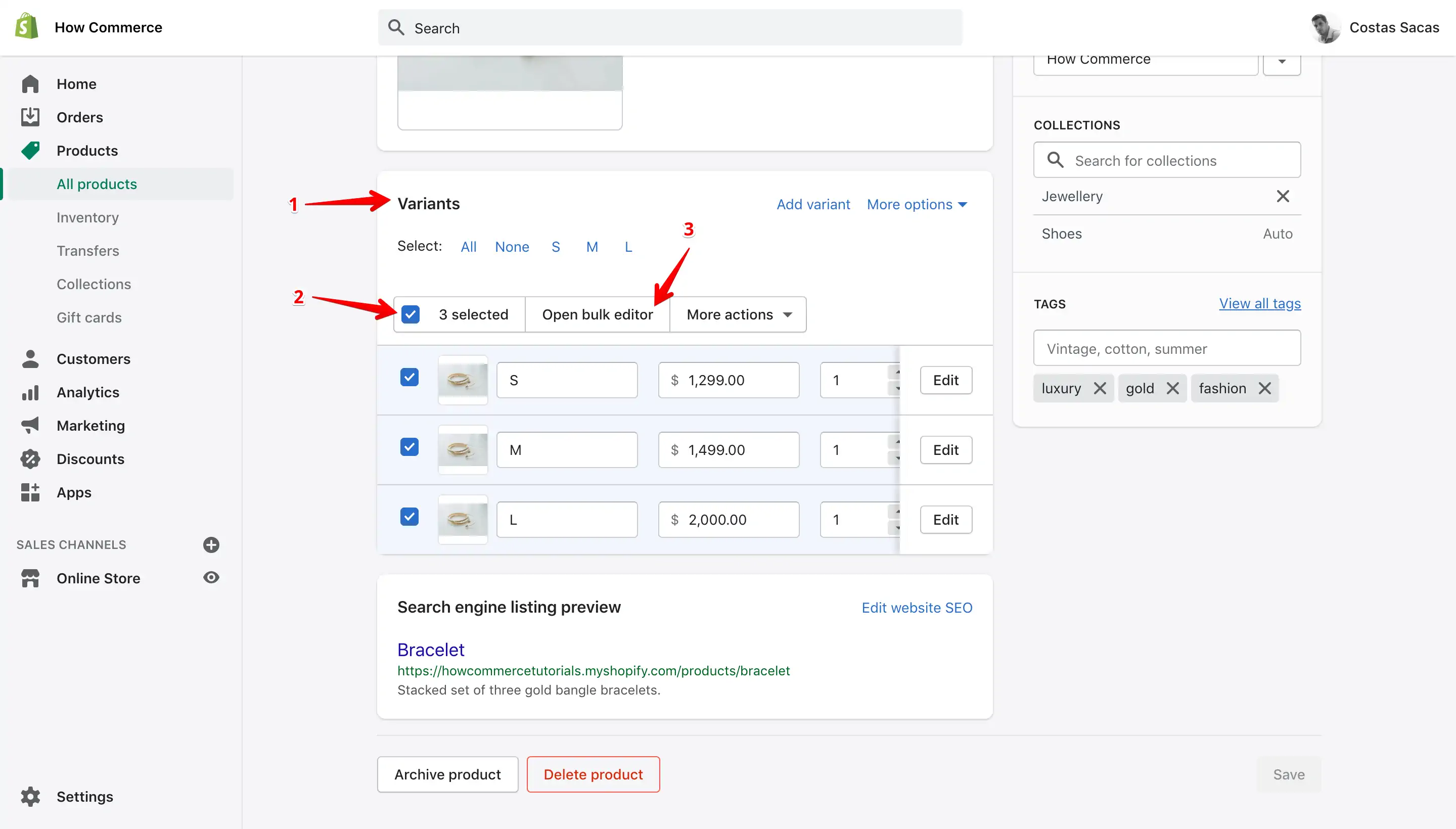 Product variants section with Open bulk editor button selection