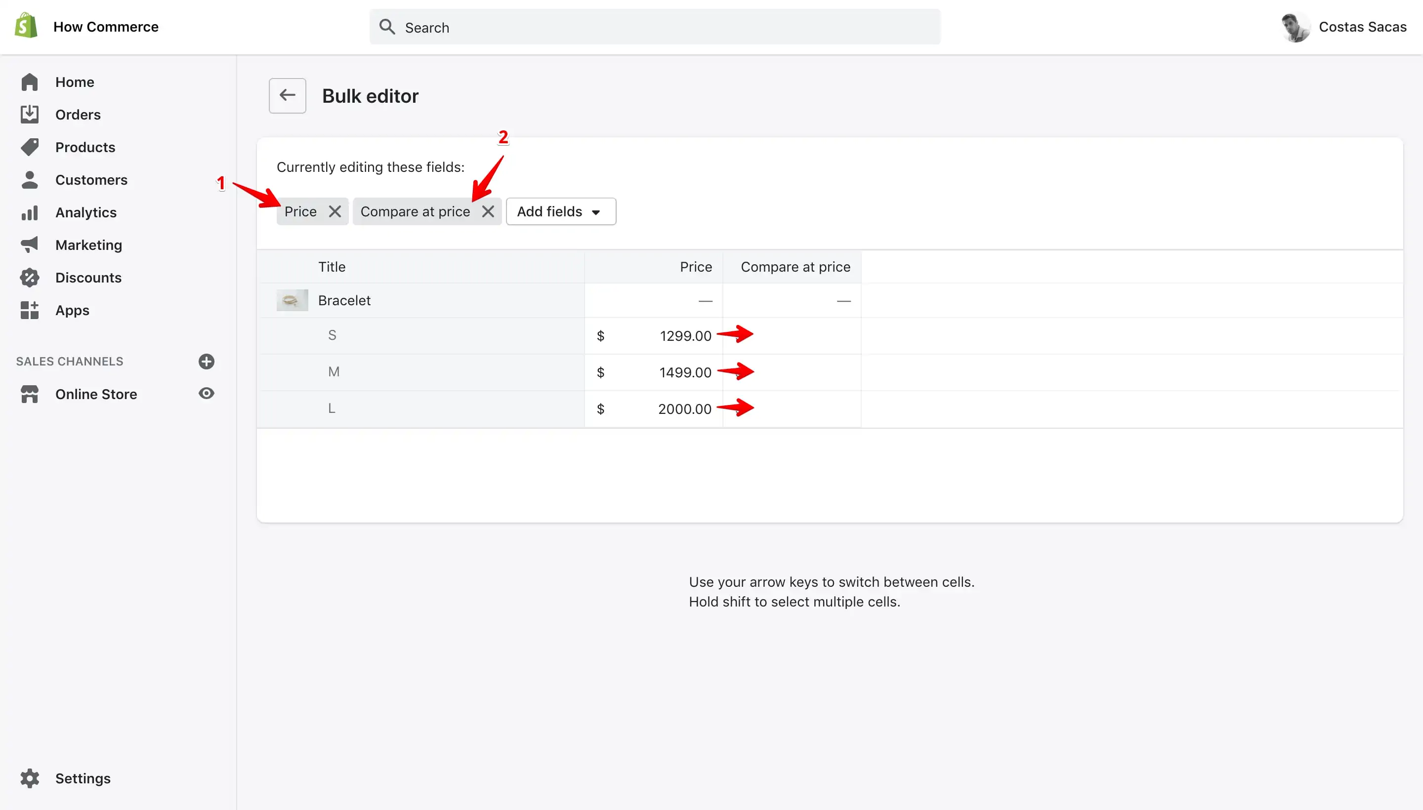 Moving price from Price field to Compare at price field in variant bulk editor