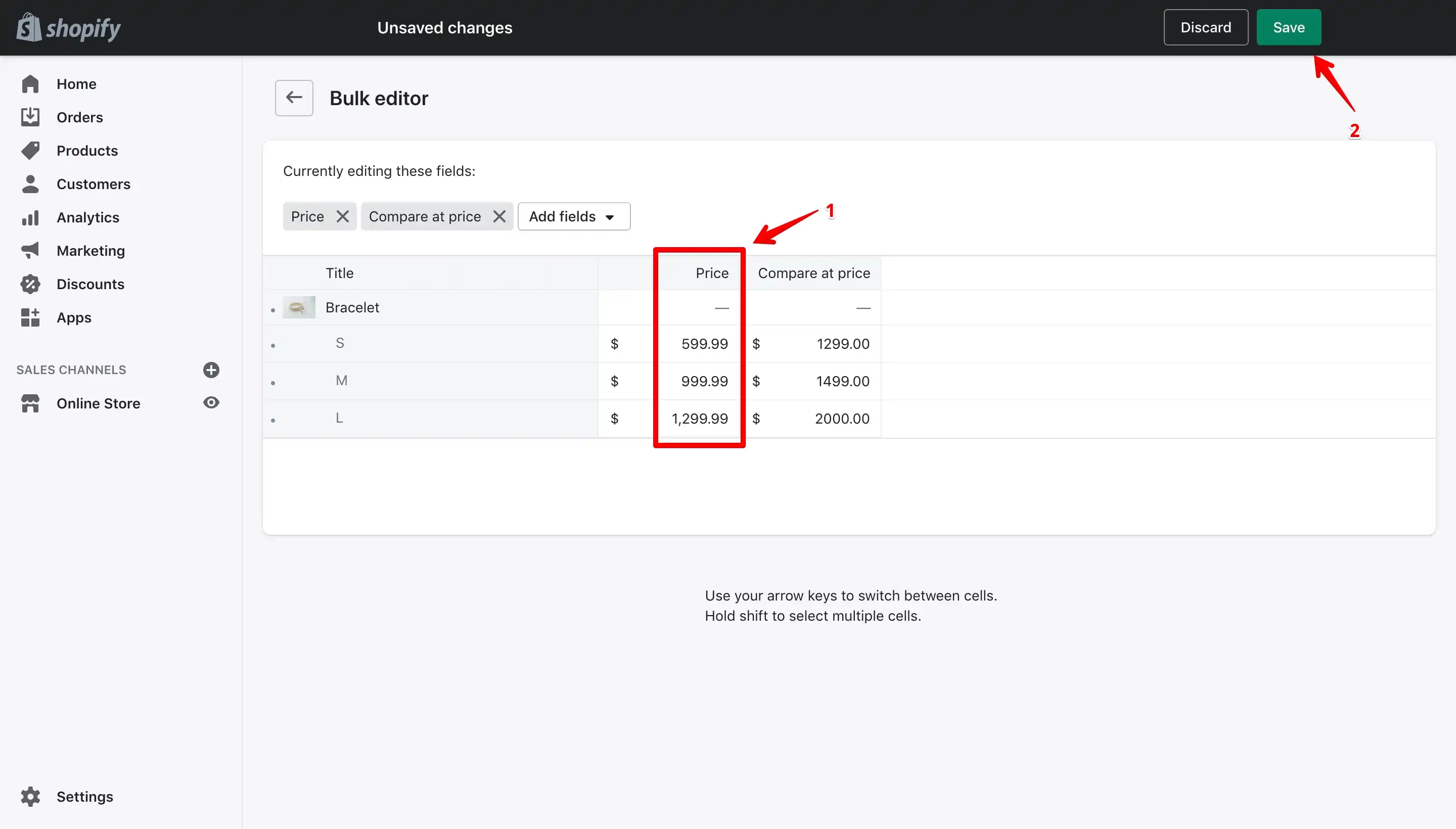 Adding new sale price in the Price field for variant bulk editor