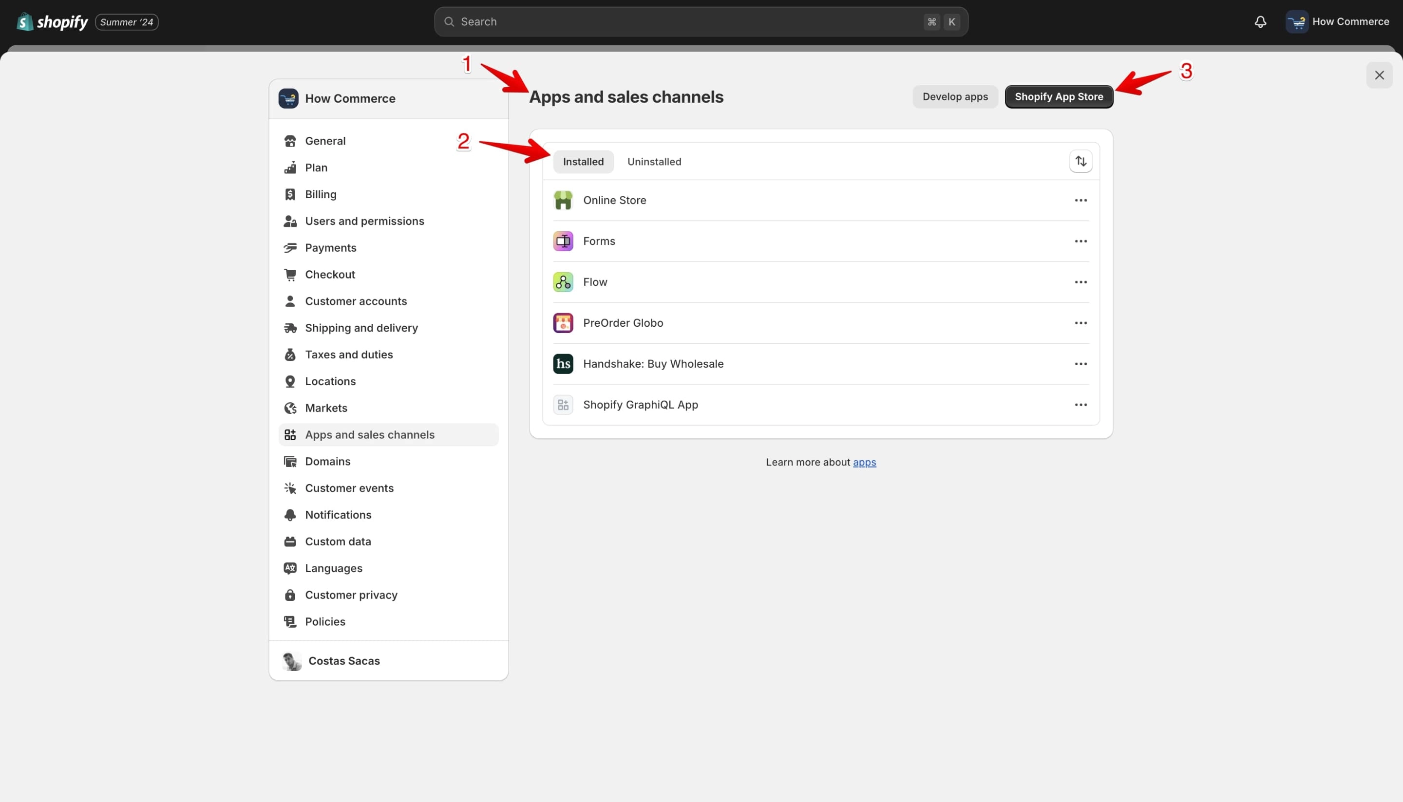 Shopify apps and sales channels page.