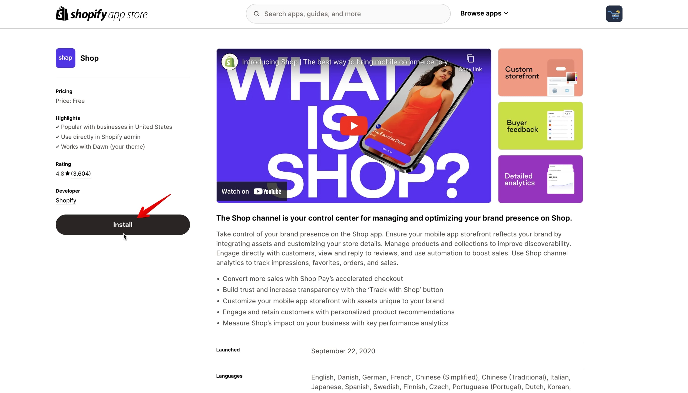 Install the Shop sales channel.