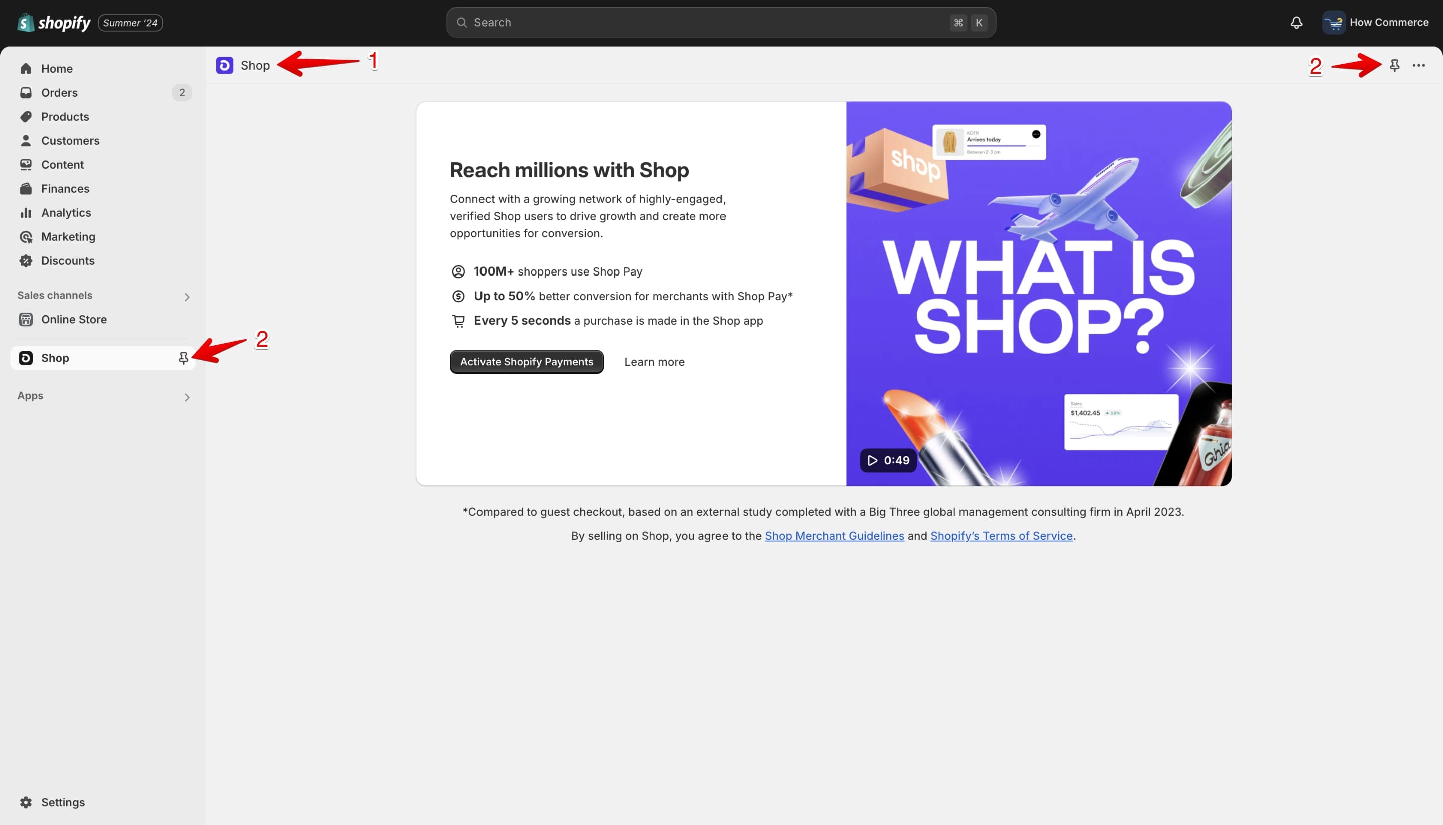 Shop sales channel installed on the store.