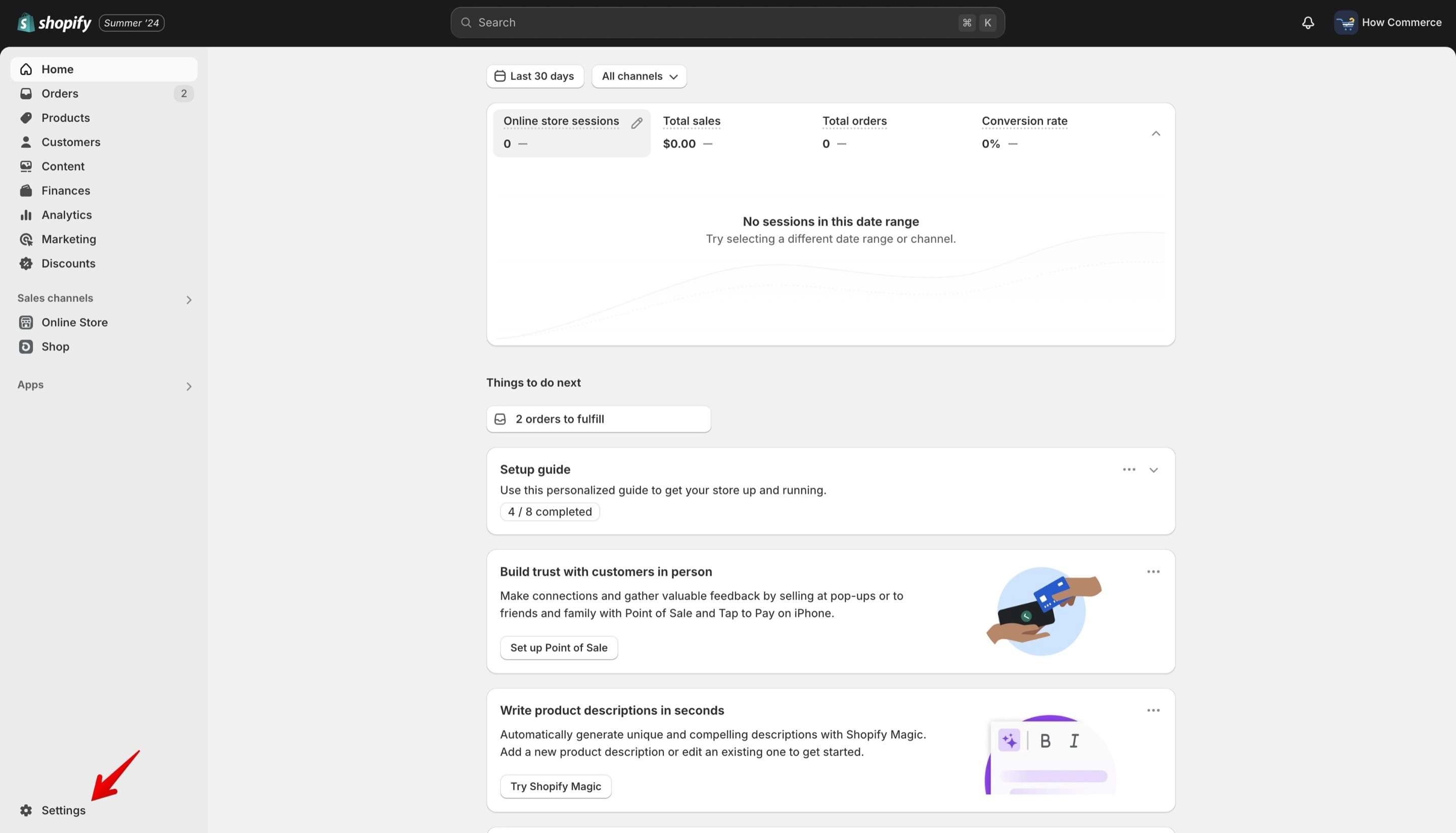 Settings menu on Shopify.