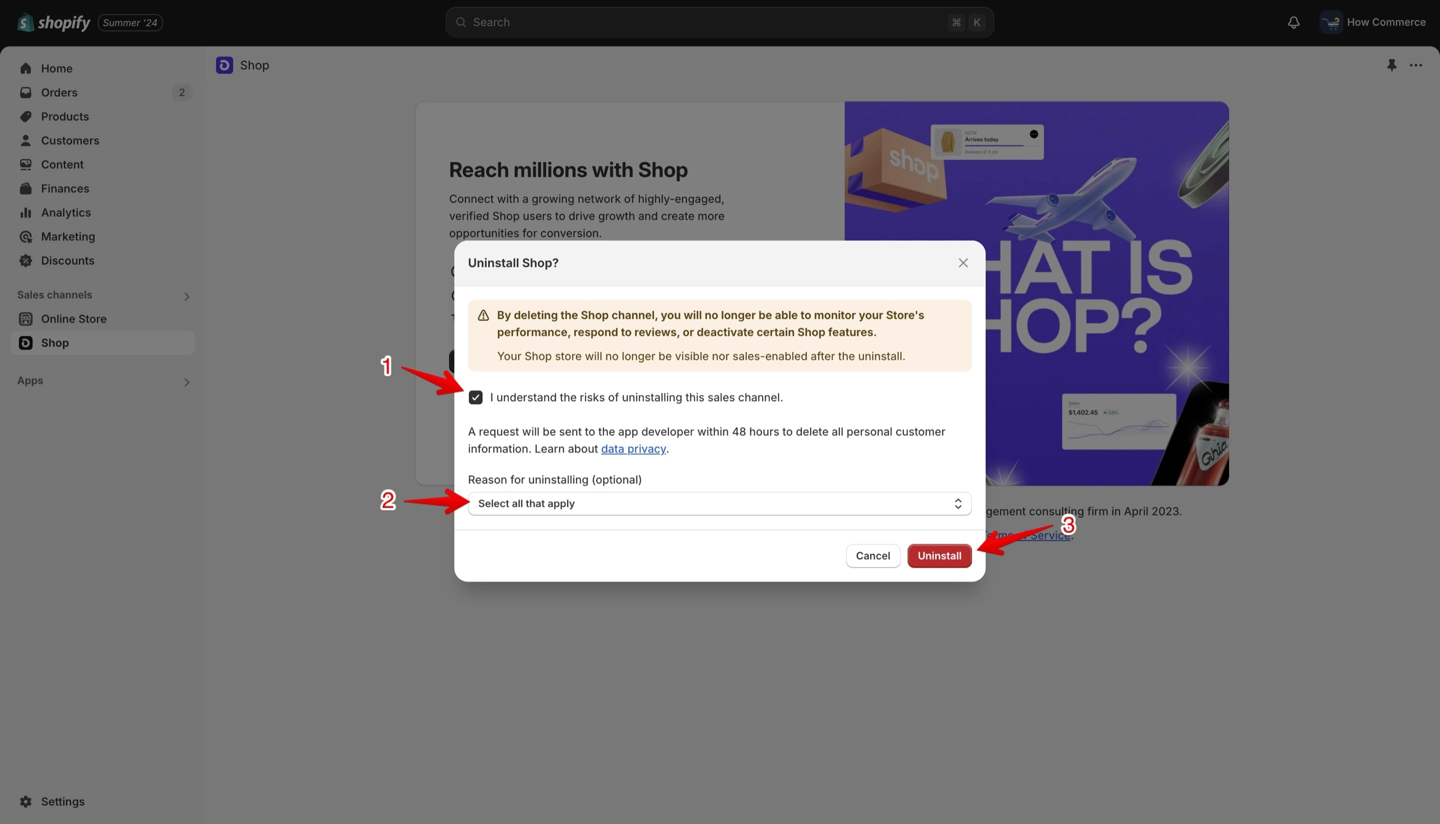 Uninstall a pinned sales channel confirmation pop-up.