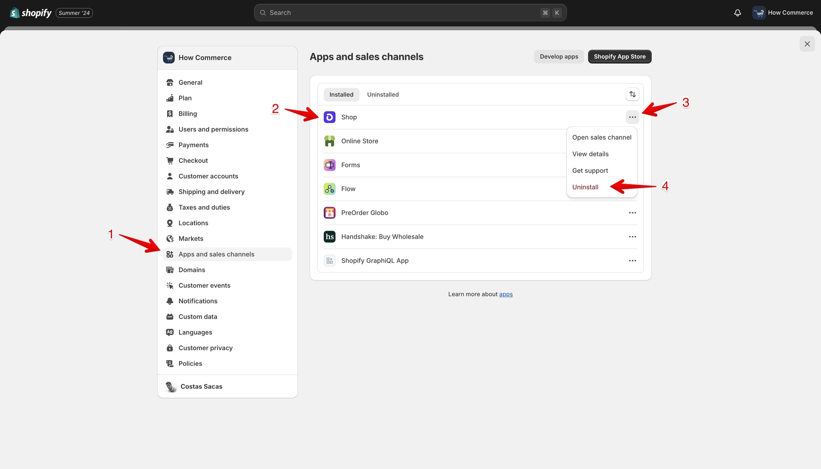 Uninstall a sales channel on the Apps and sales channels page.