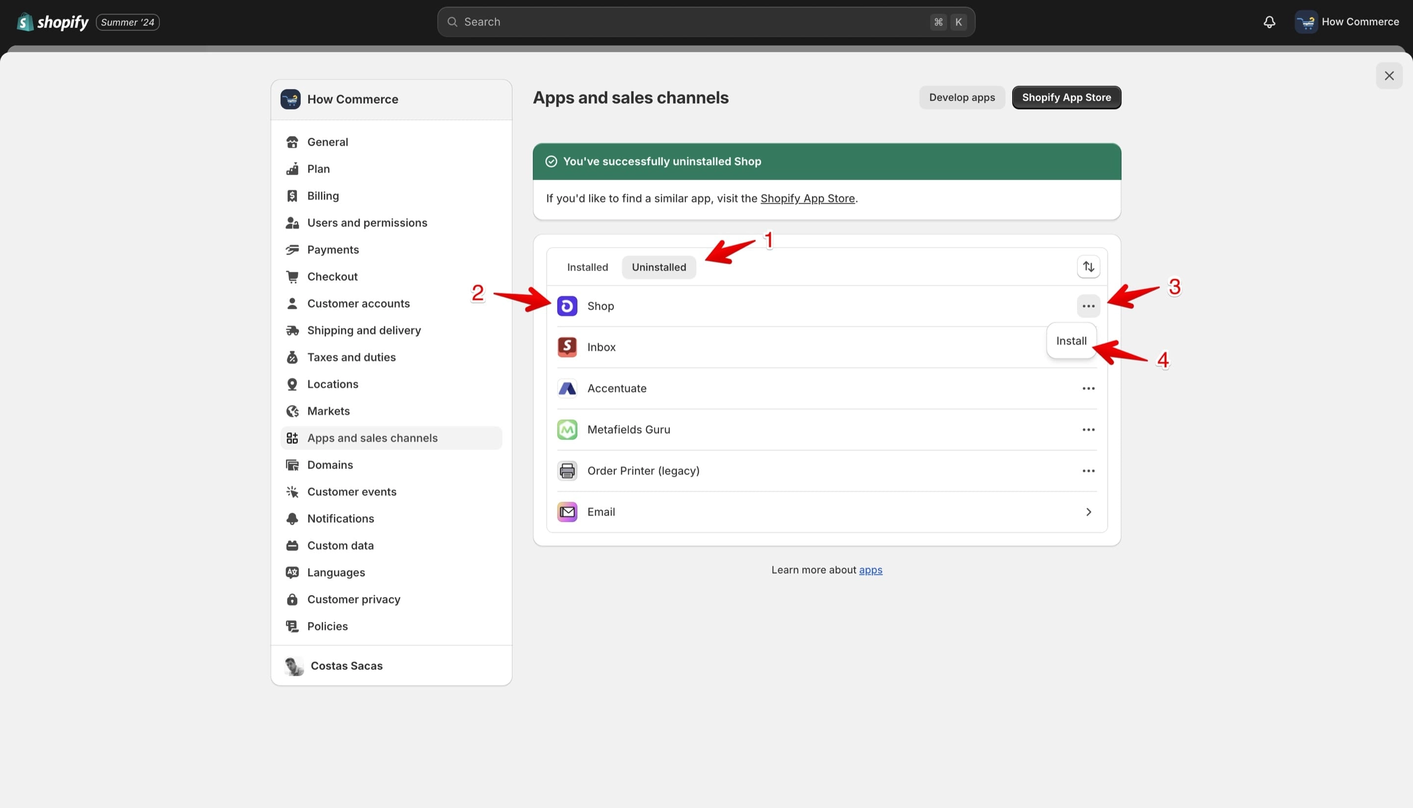Reinstall a sales channel on the Apps and sales channels page.