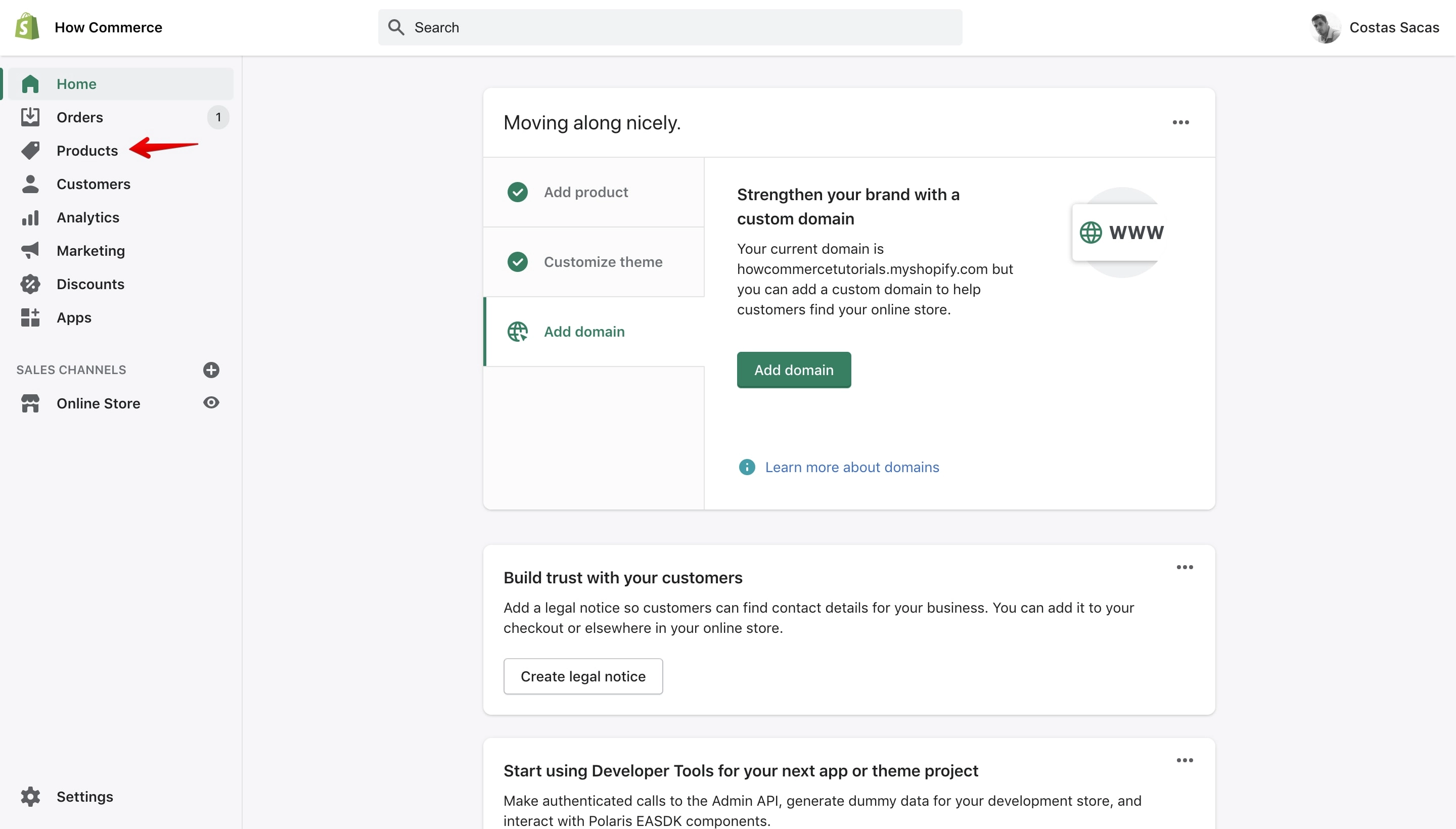 Shopify admin dashboard.