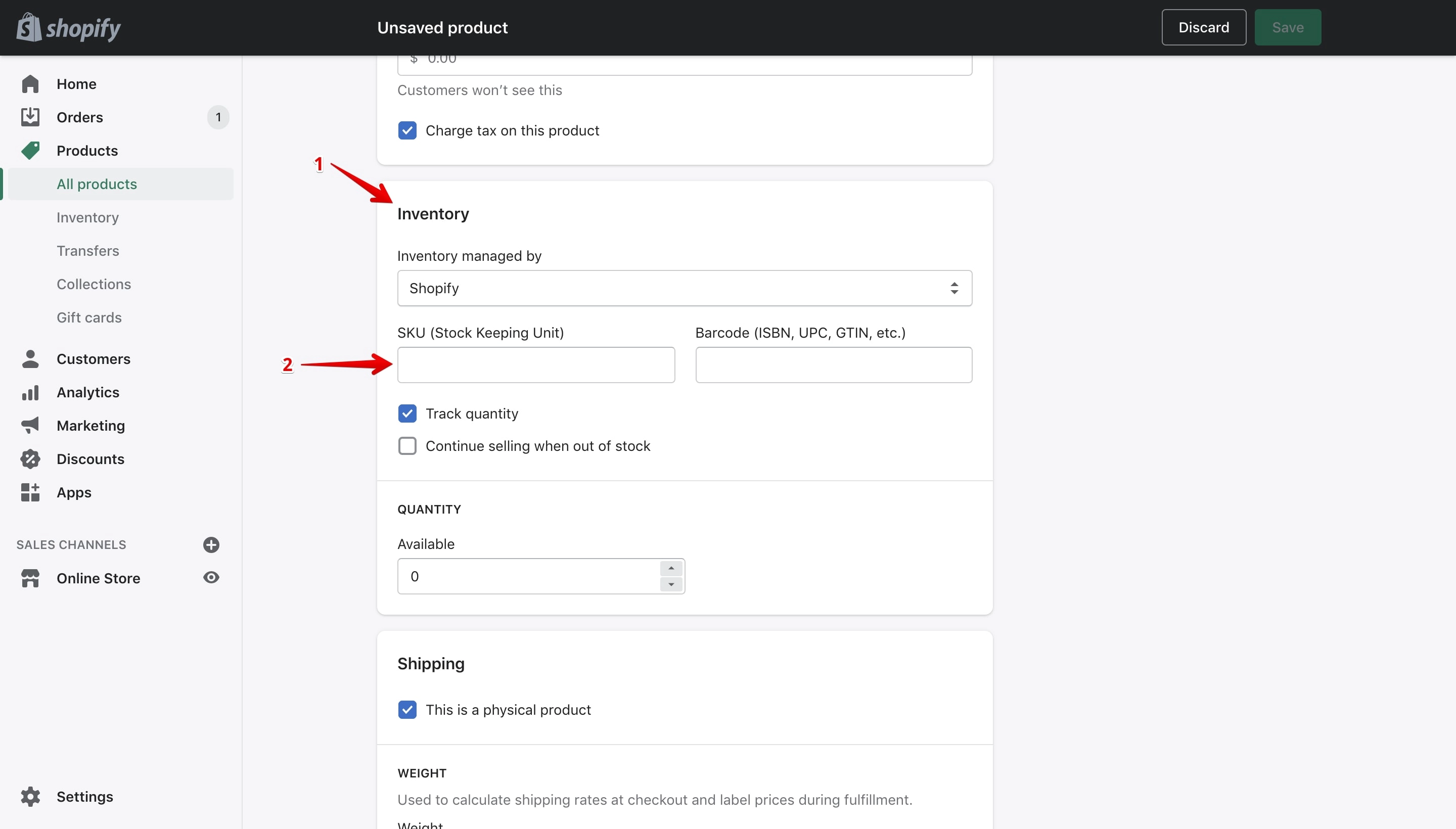 Product inventory section on Shopify.