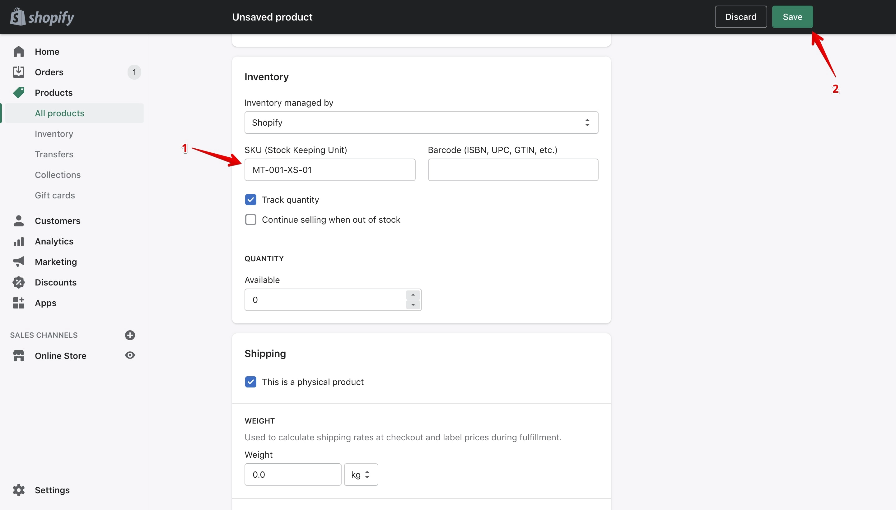 Product SKU code on Shopify product details page.