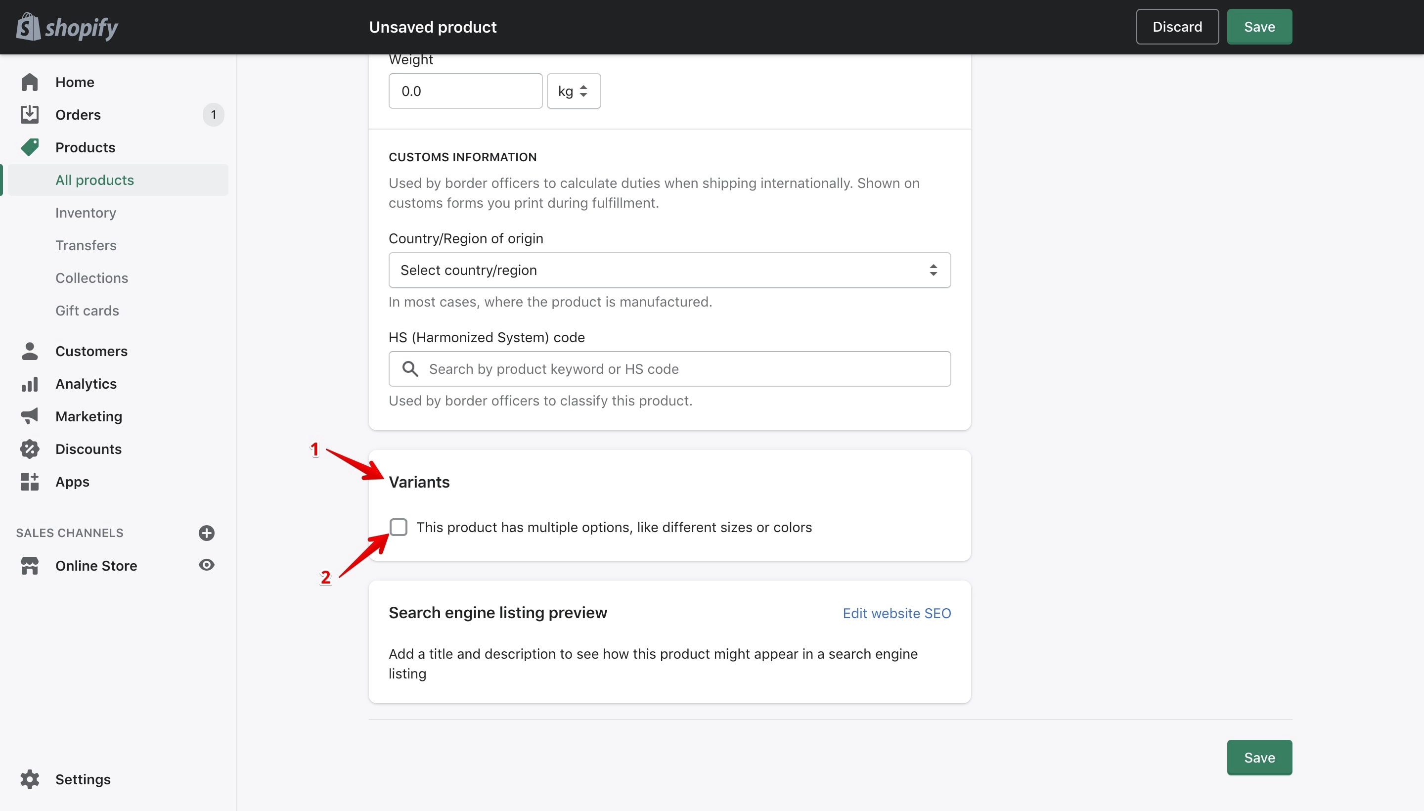 Variants section on the Shopify product details page.