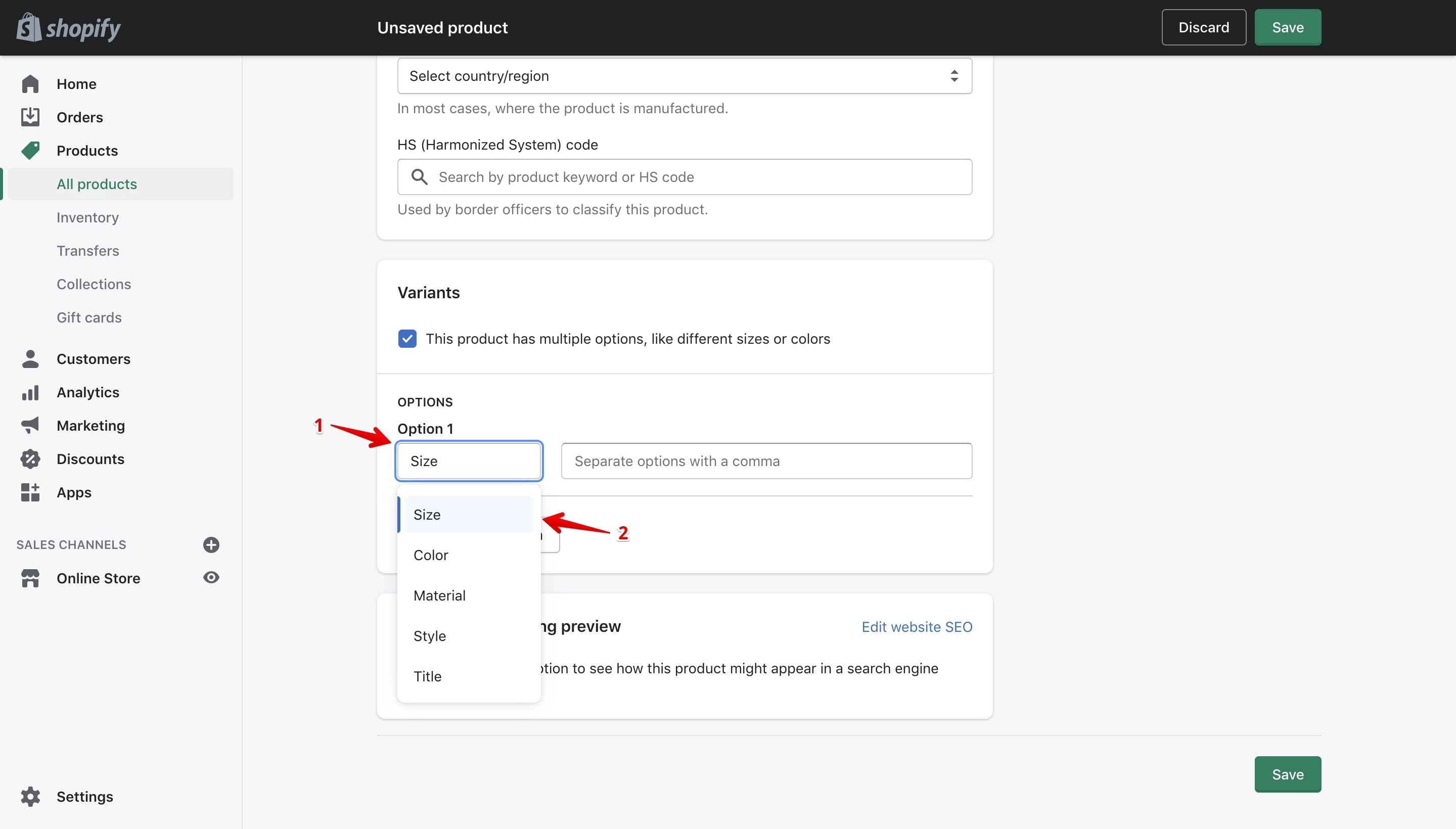 Variants option on the Shopify product details page.