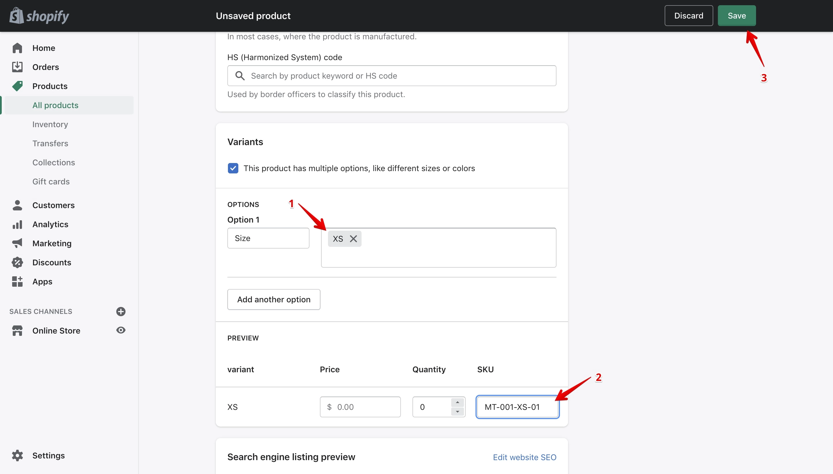 Shopify SKU code on product variant.