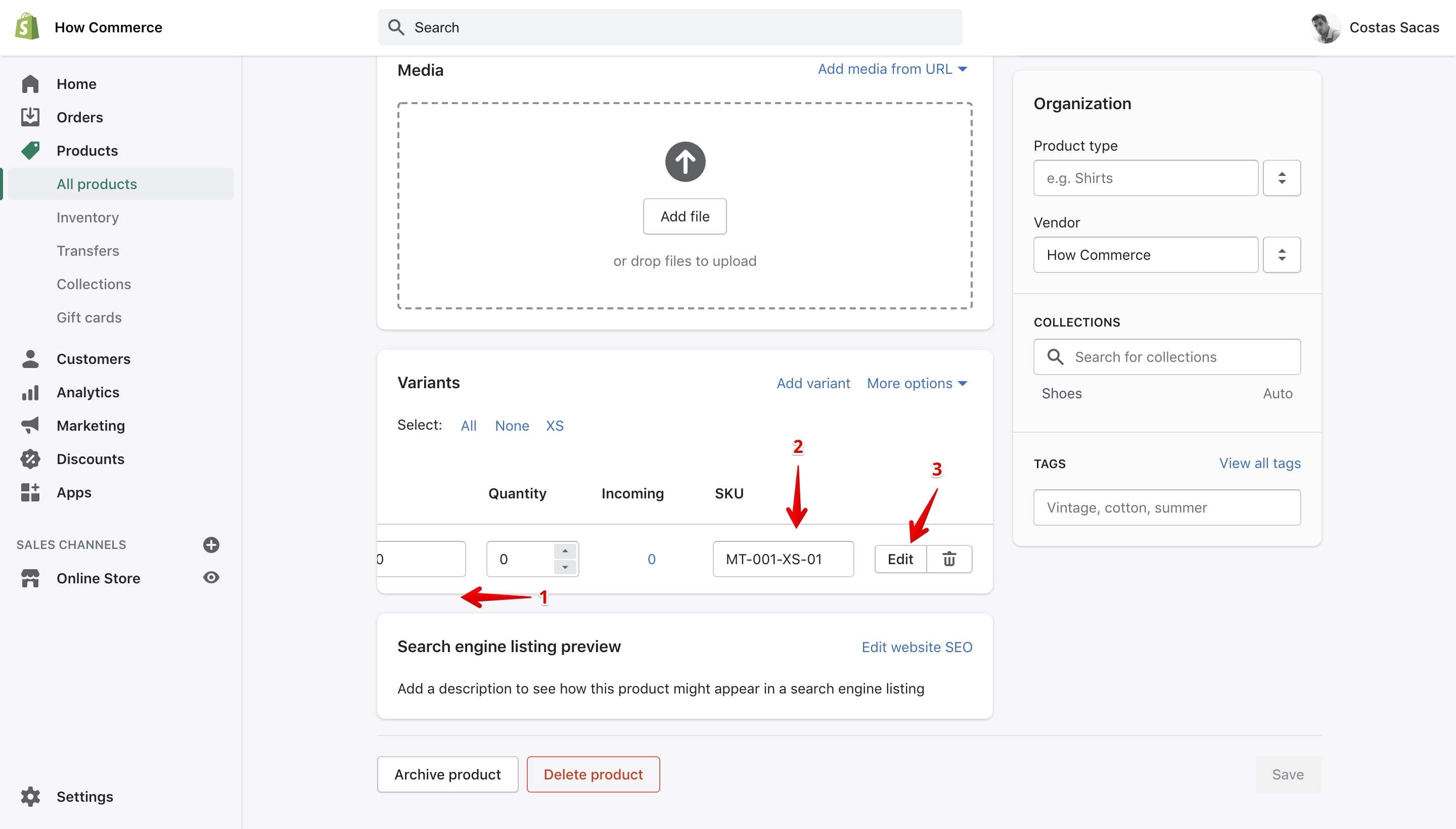 Shopify edit SKU code on product variant.