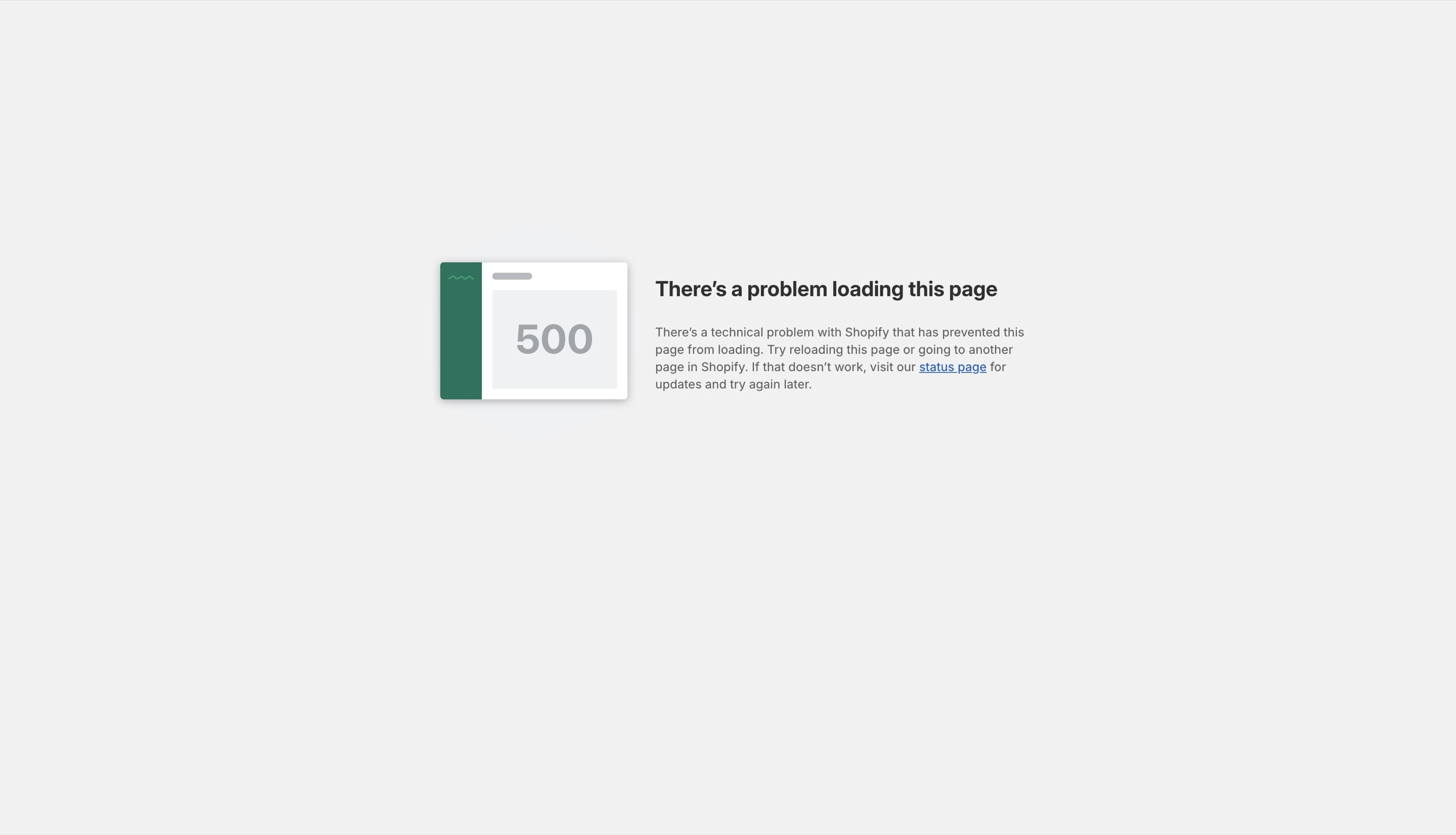 500 error message on a Shopify admin dashboard