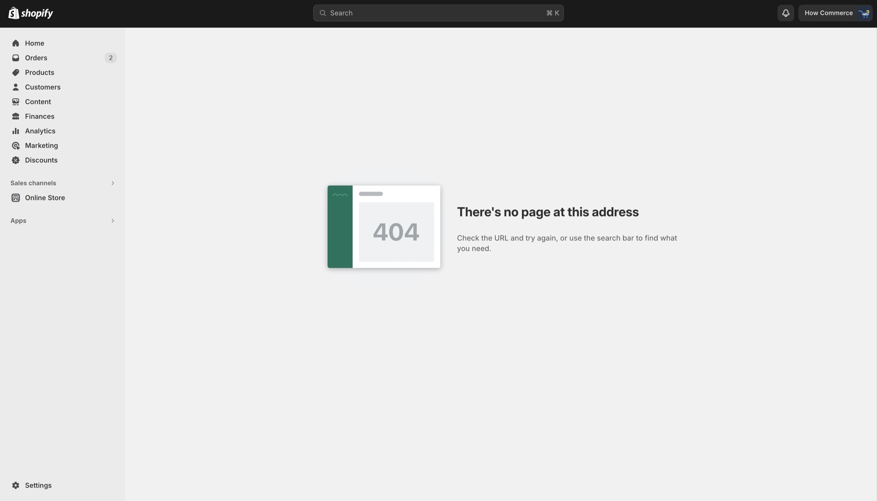 404 error message on a Shopify admin dashboard