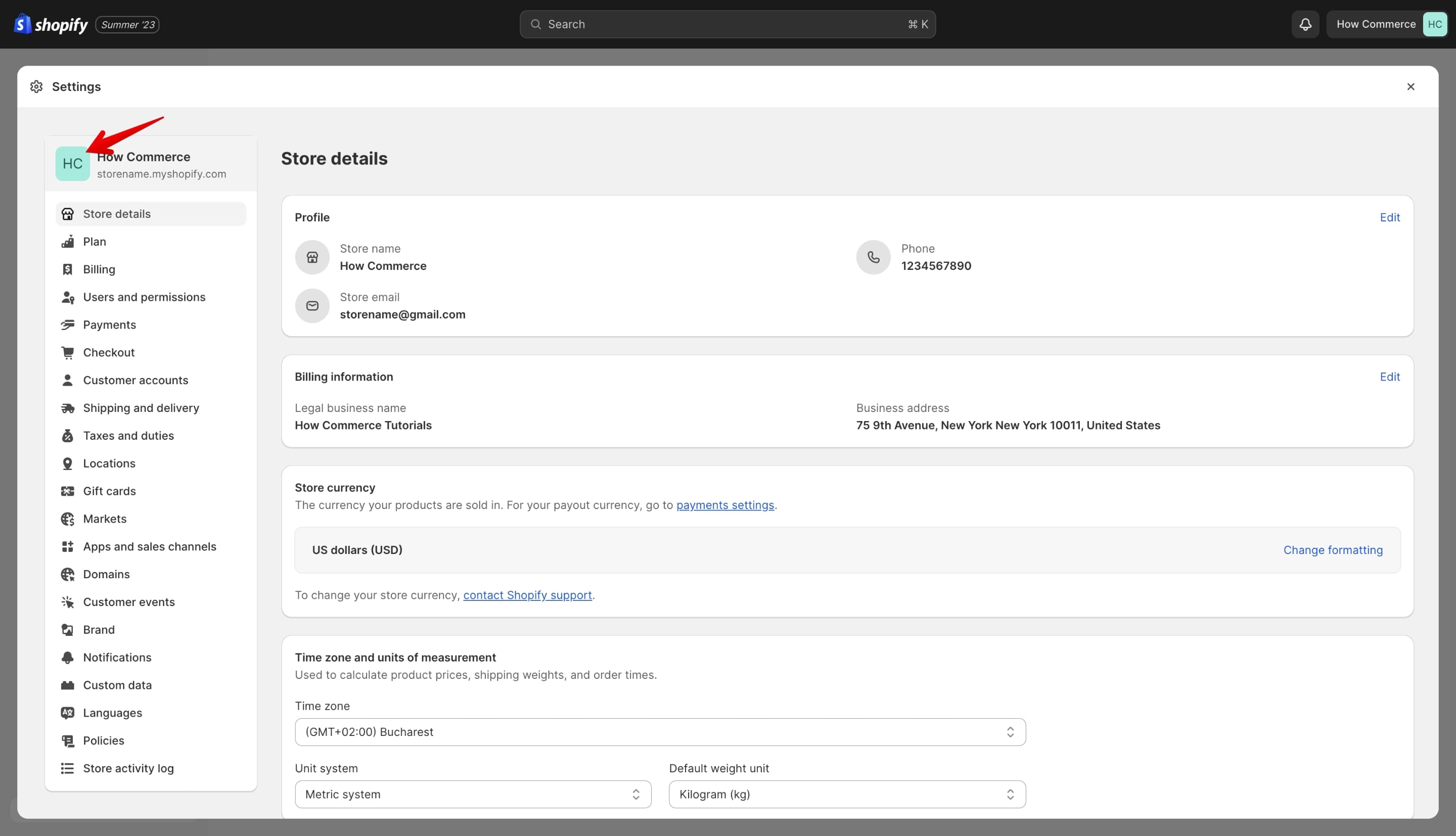 Shopify Settings page
