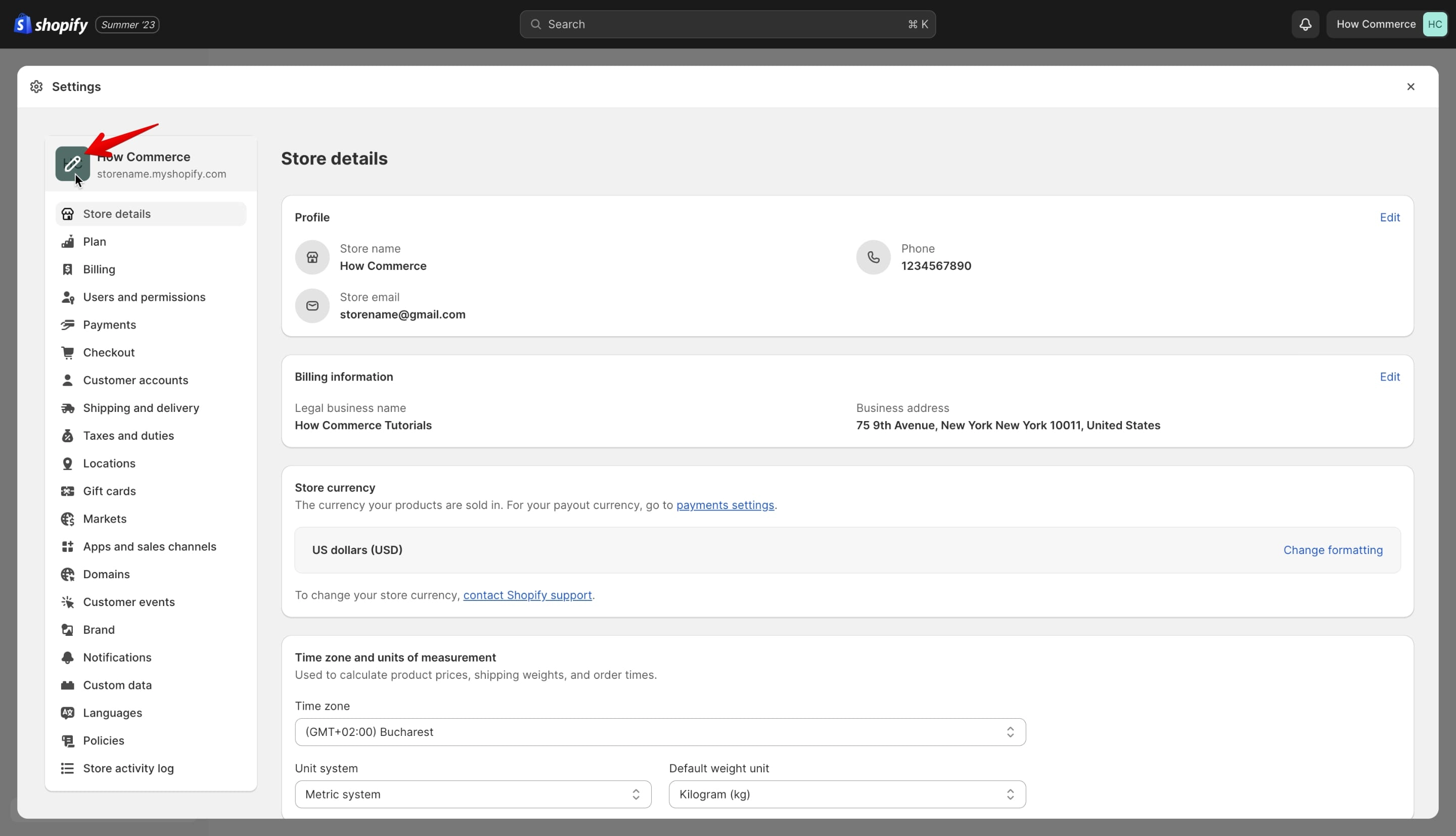 Shopify Settings page Edit icon
