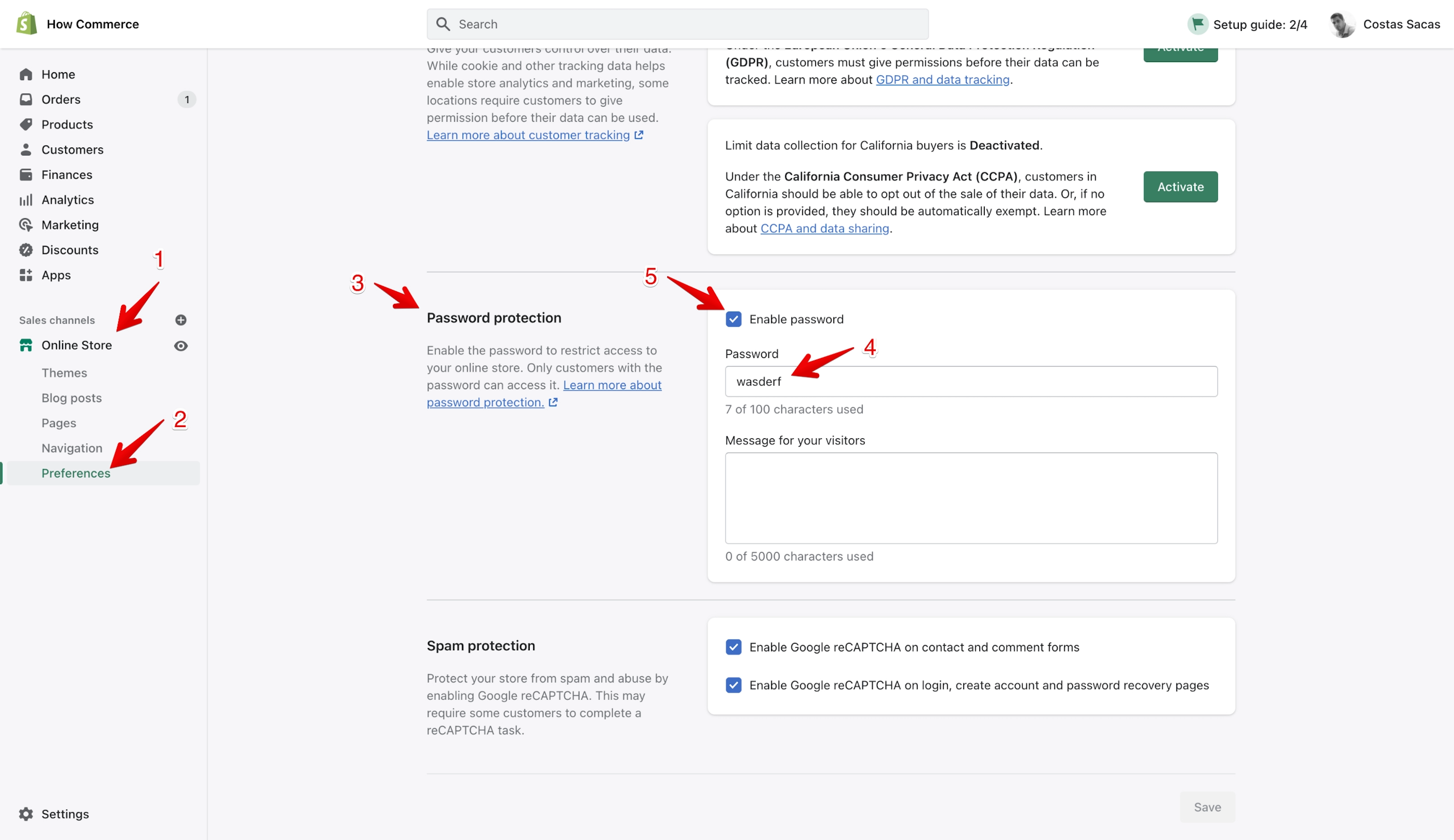Shopify password protection location in settings