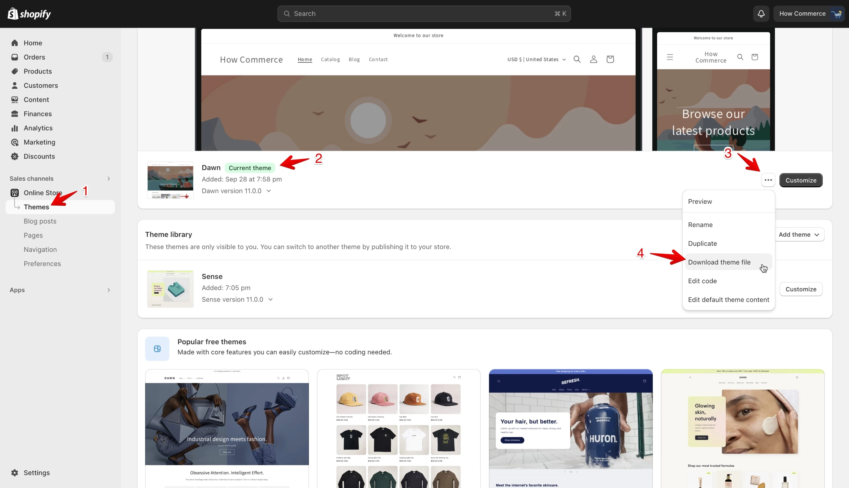 Shopify Themes page showing current theme with download menu option