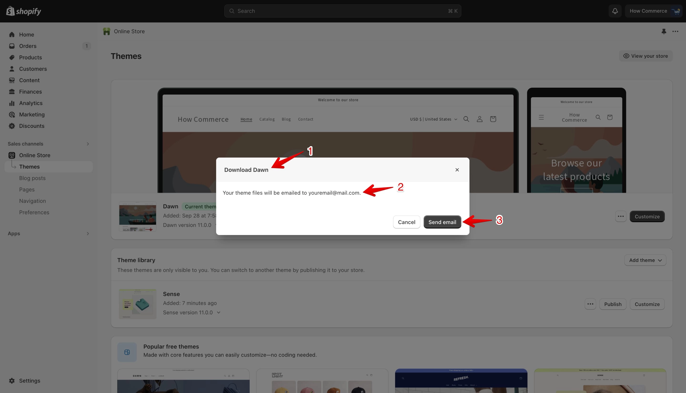 Shopify download theme confirmation popup with email address and Send email button