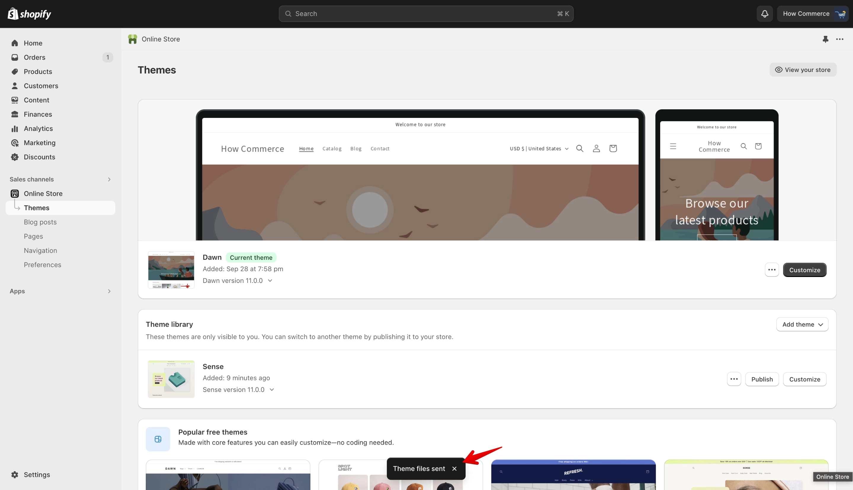 Shopify notification confirming that download email has been sent to store address