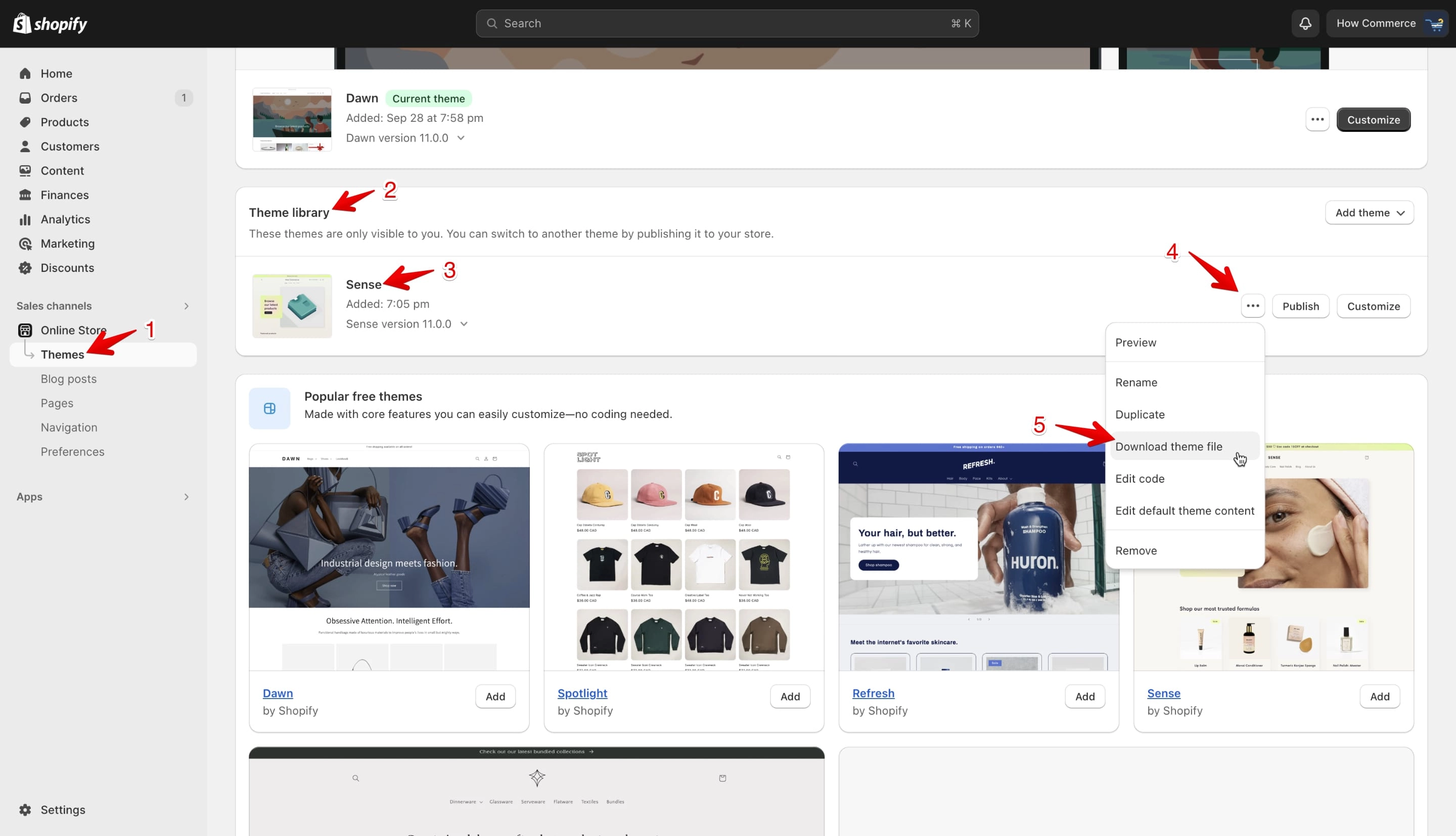 Shopify Theme library page showing available themes with download options