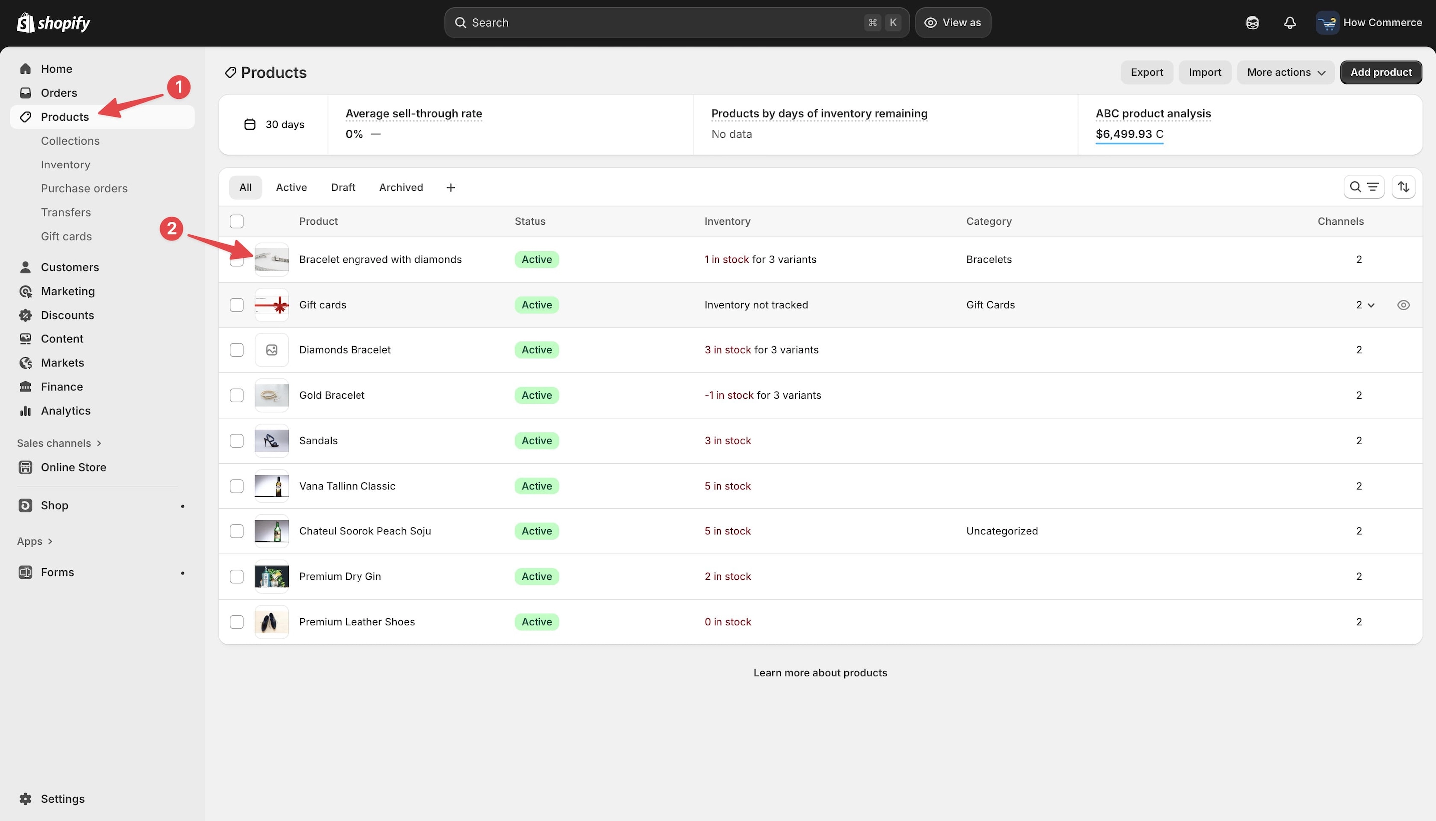 Product selection on the Shopify product listing page.