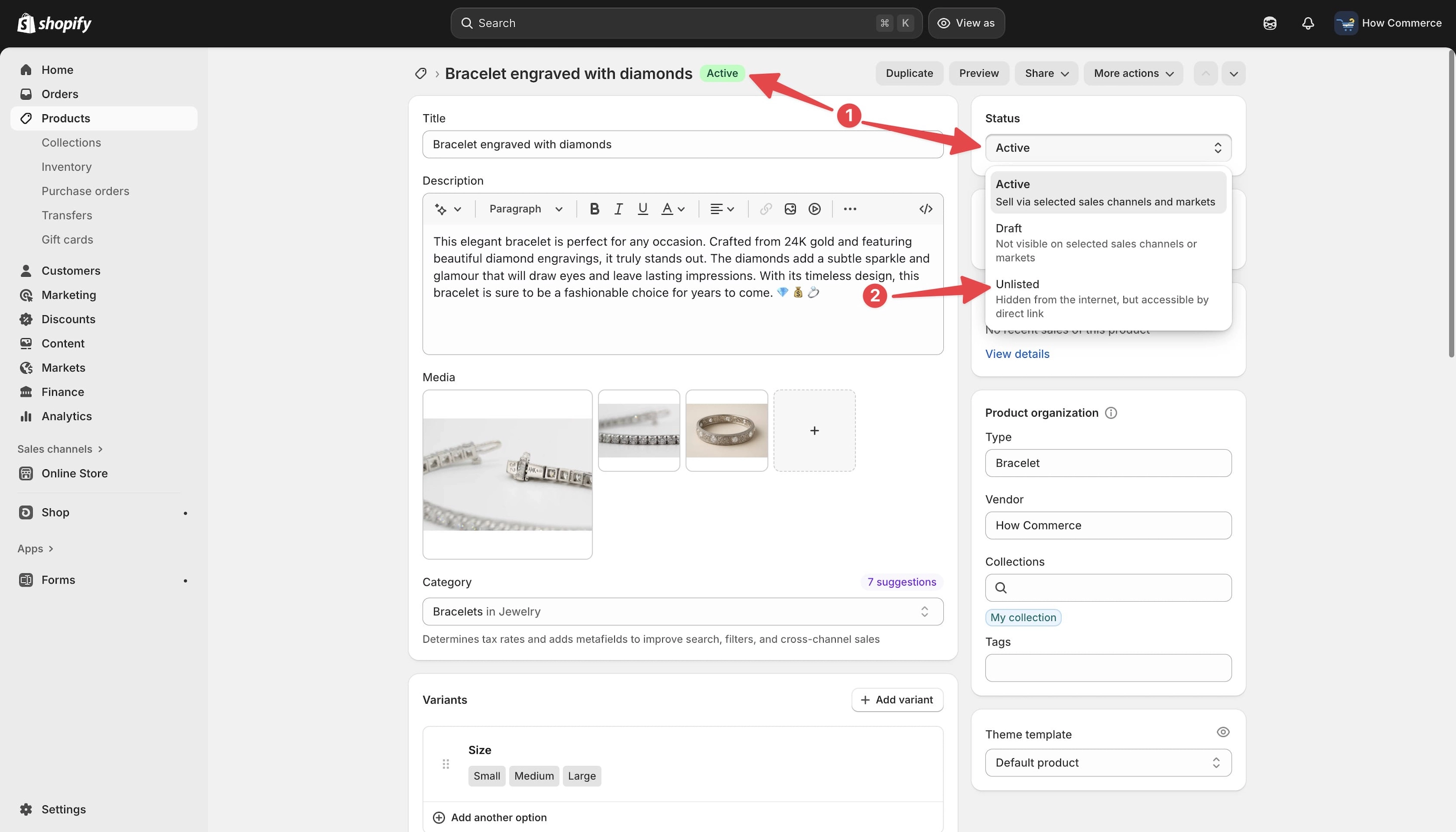 “Unlisted” status selection on the product page in Shopify admin.