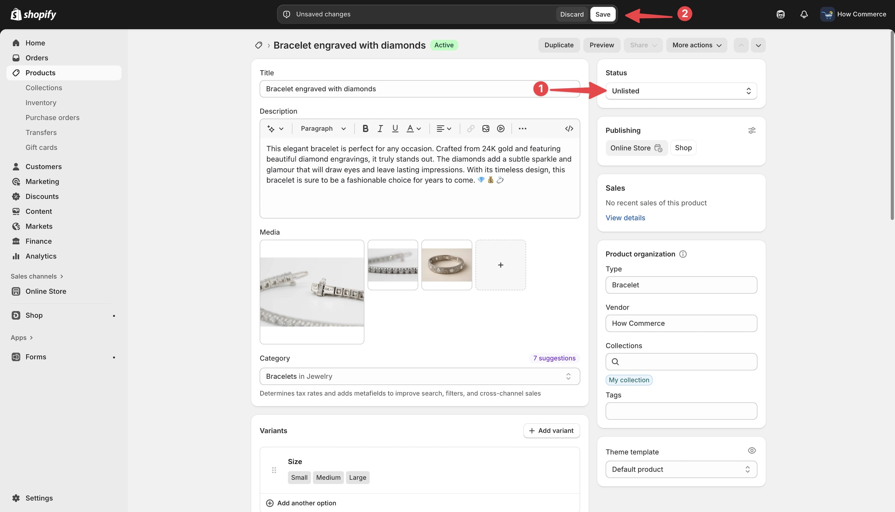 “Unlisted” status selected on the product page in Shopify admin.